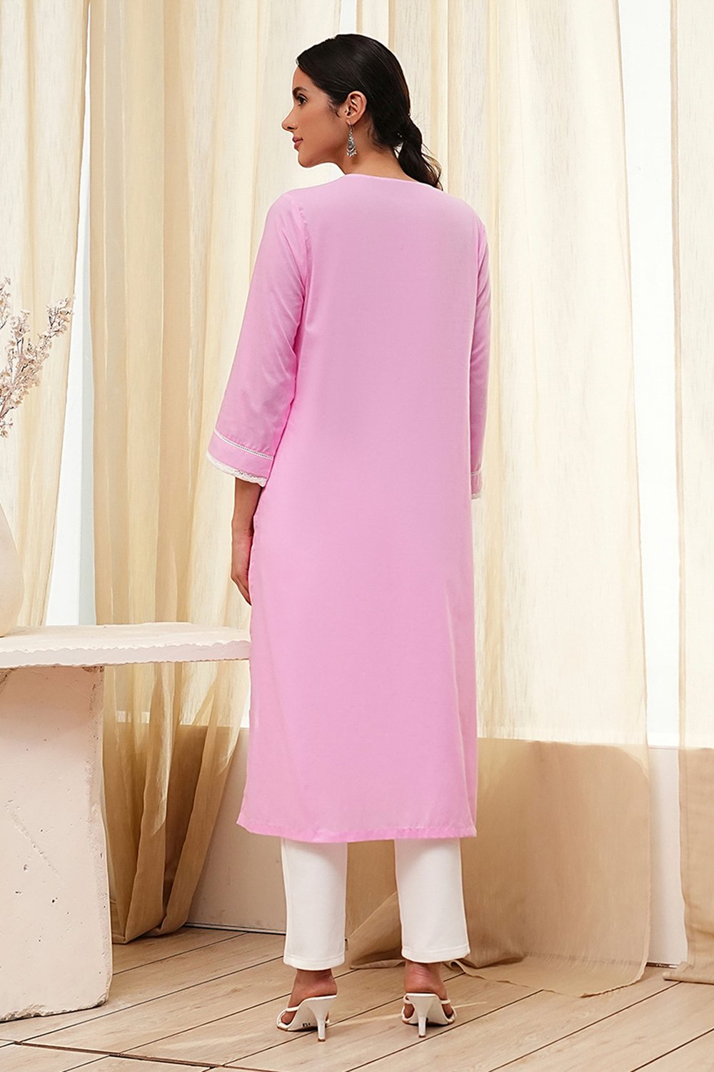 Light Pink Cotton Straight Kurta image number 3