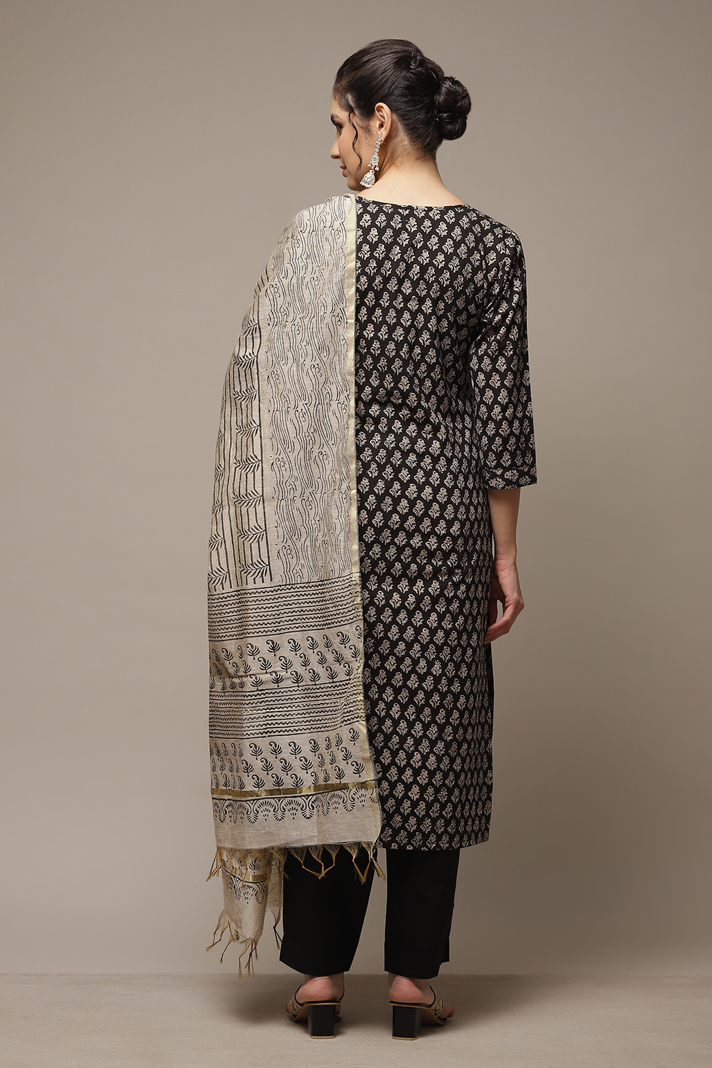 Black Cotton Hand Block Print Unstitched Suit Set image number 2