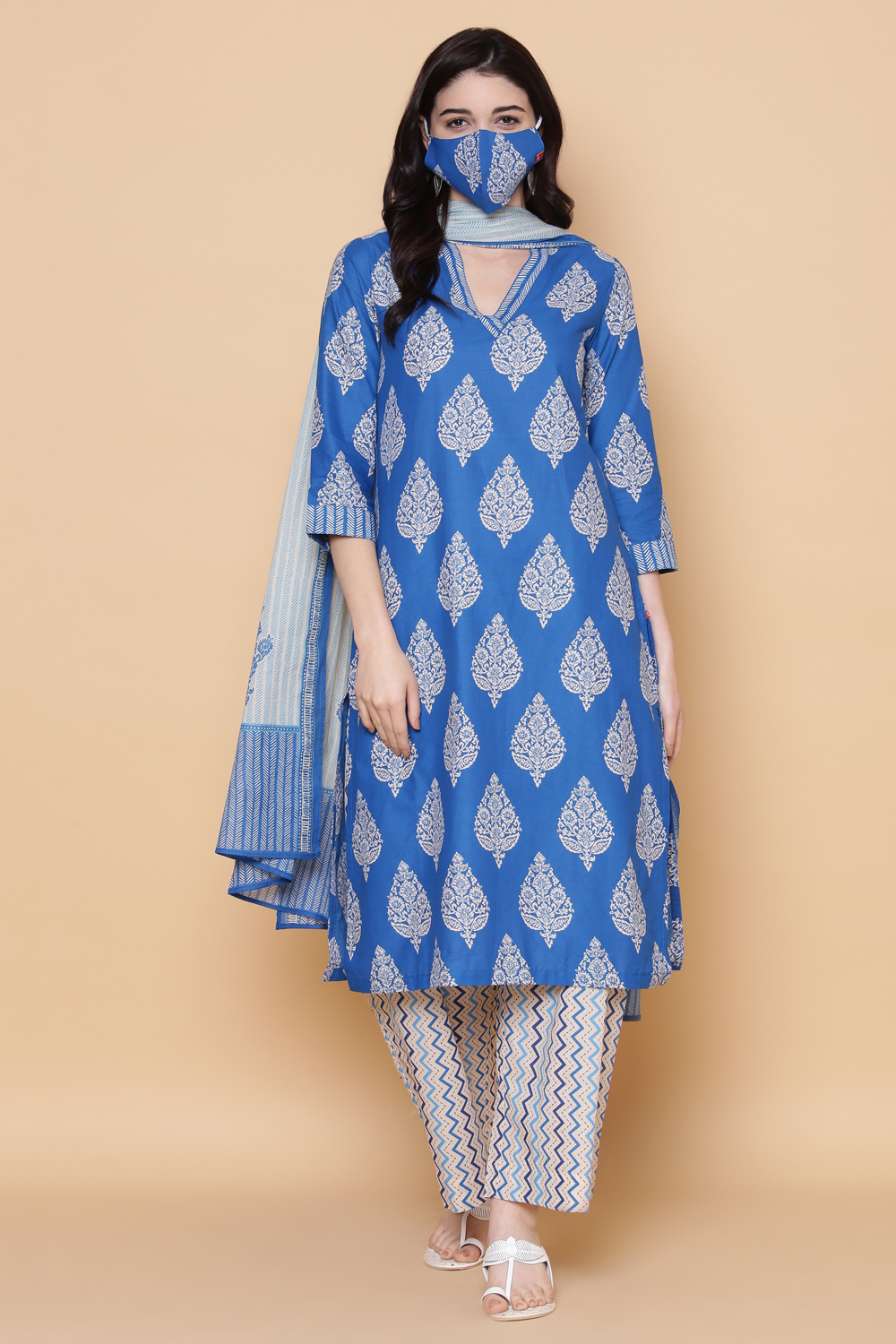 Royal Blue Cotton Straight Kurta Palazzo Suit Set image number 4