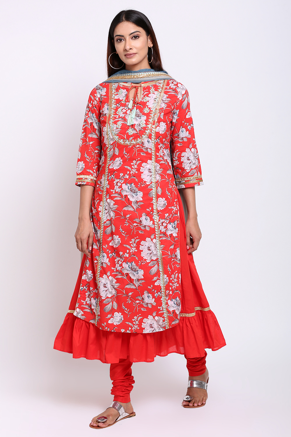 Coral Cotton Double Layered Kurta Churidar Suit Set image number 3