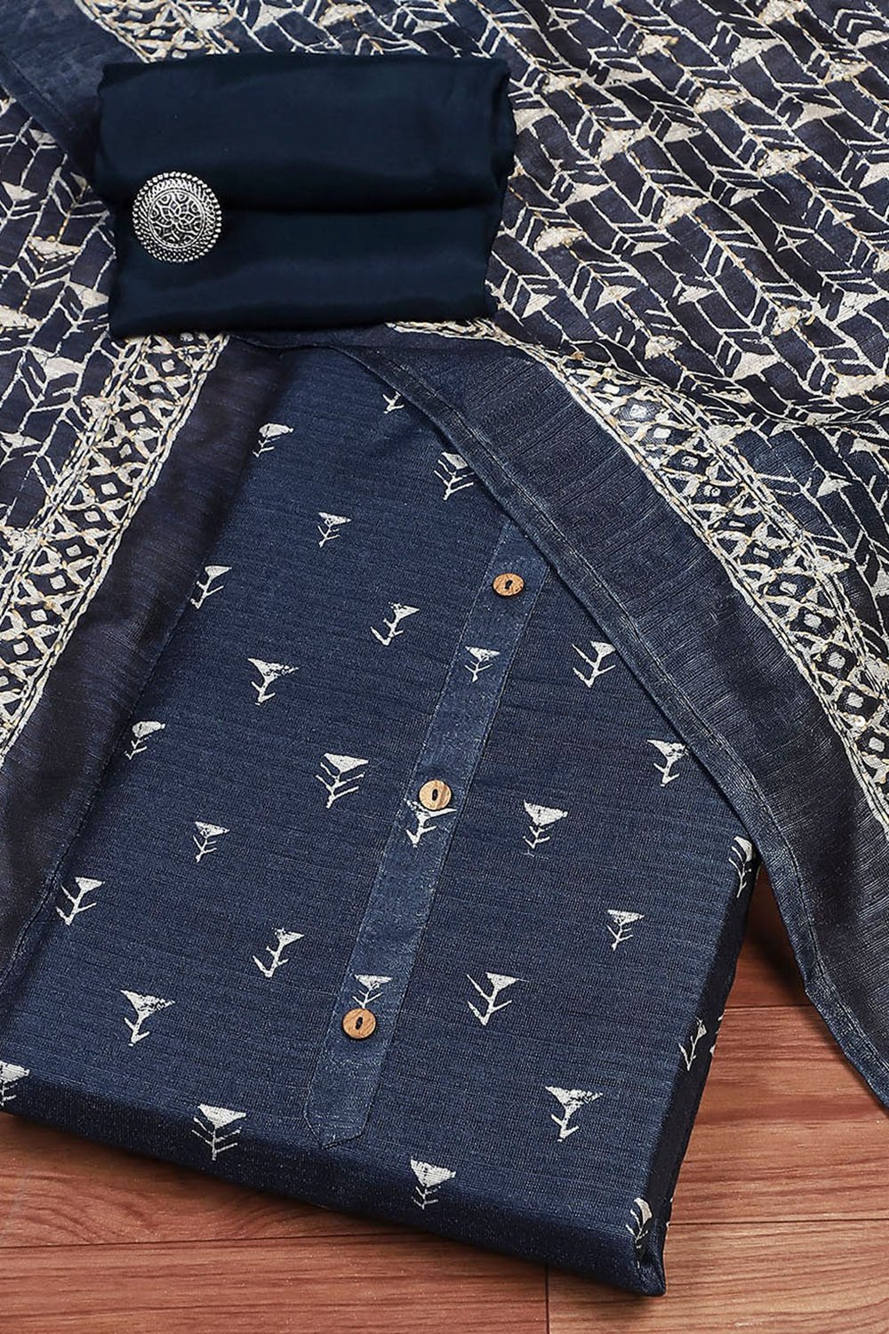 Indigo Silk Blend Printed  Embroidered Unstitched Suit Set image number 0