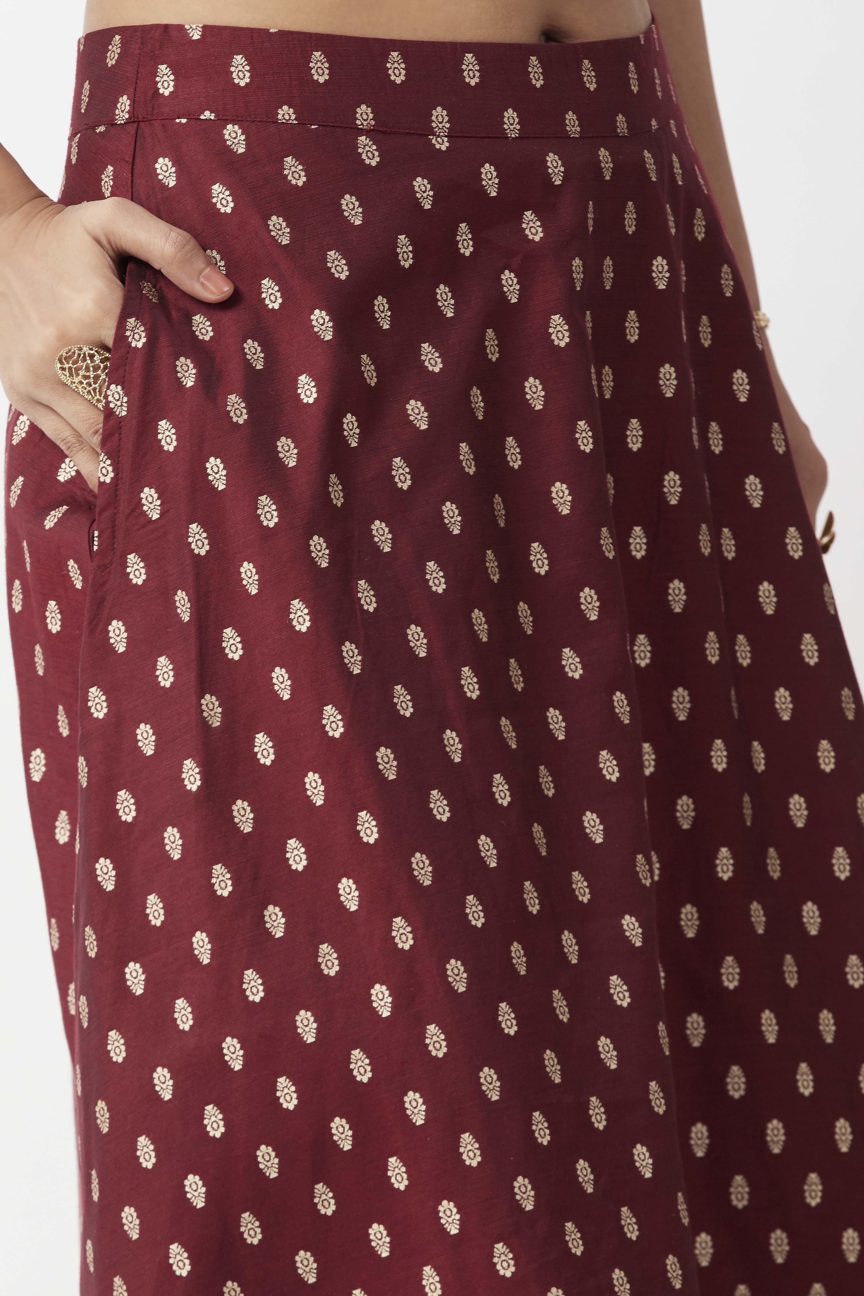 Maroon Art Silk Foil Printed Flared Skirt image number 1