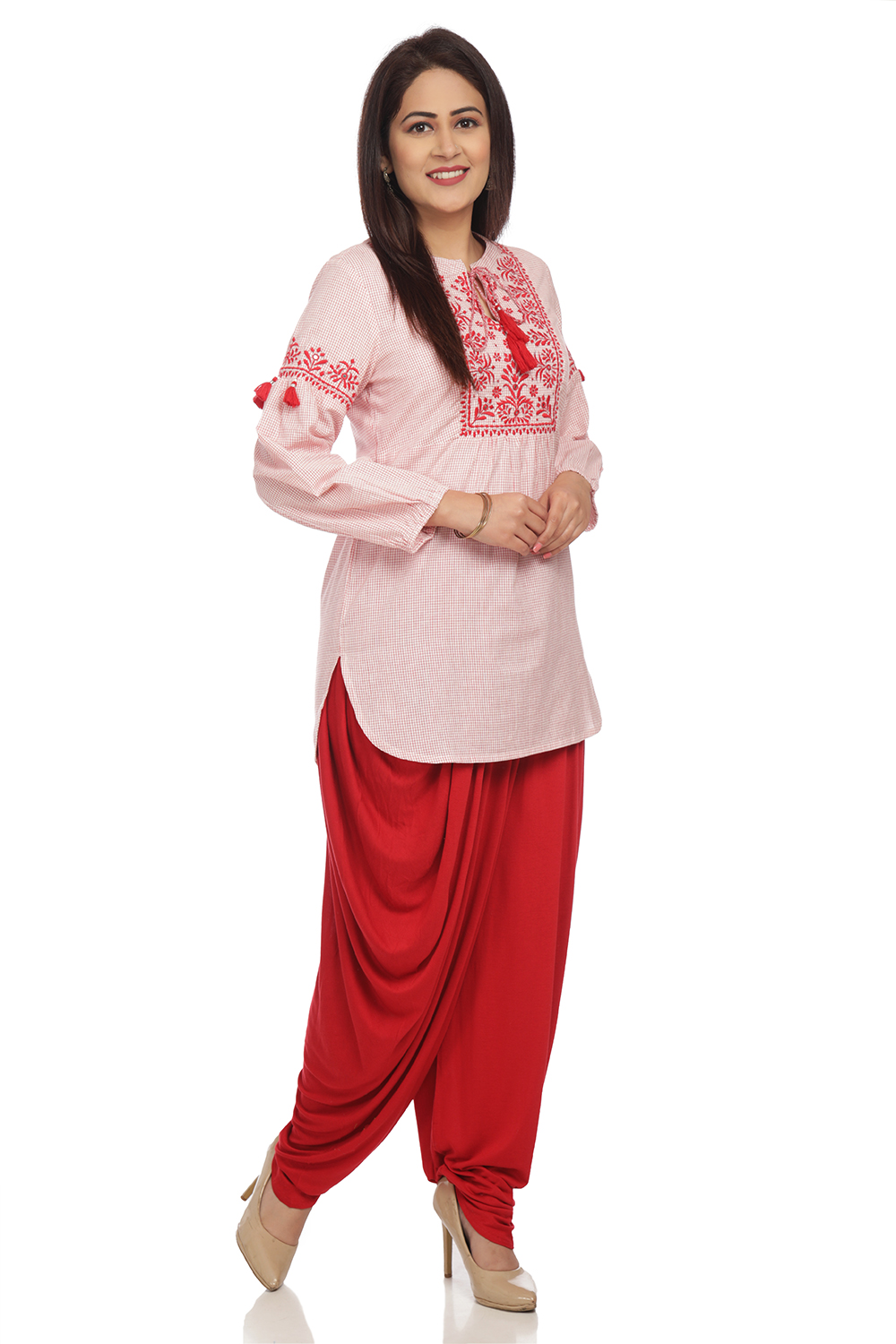Red Cotton Short Kurta & Pants Set Kurta Dhoti Pants Suit Set image number 2