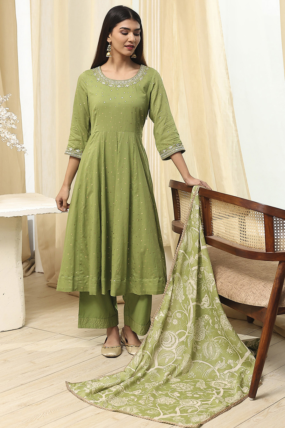 Blue Cotton Foil Printed Anarkali Suit Set image number 0