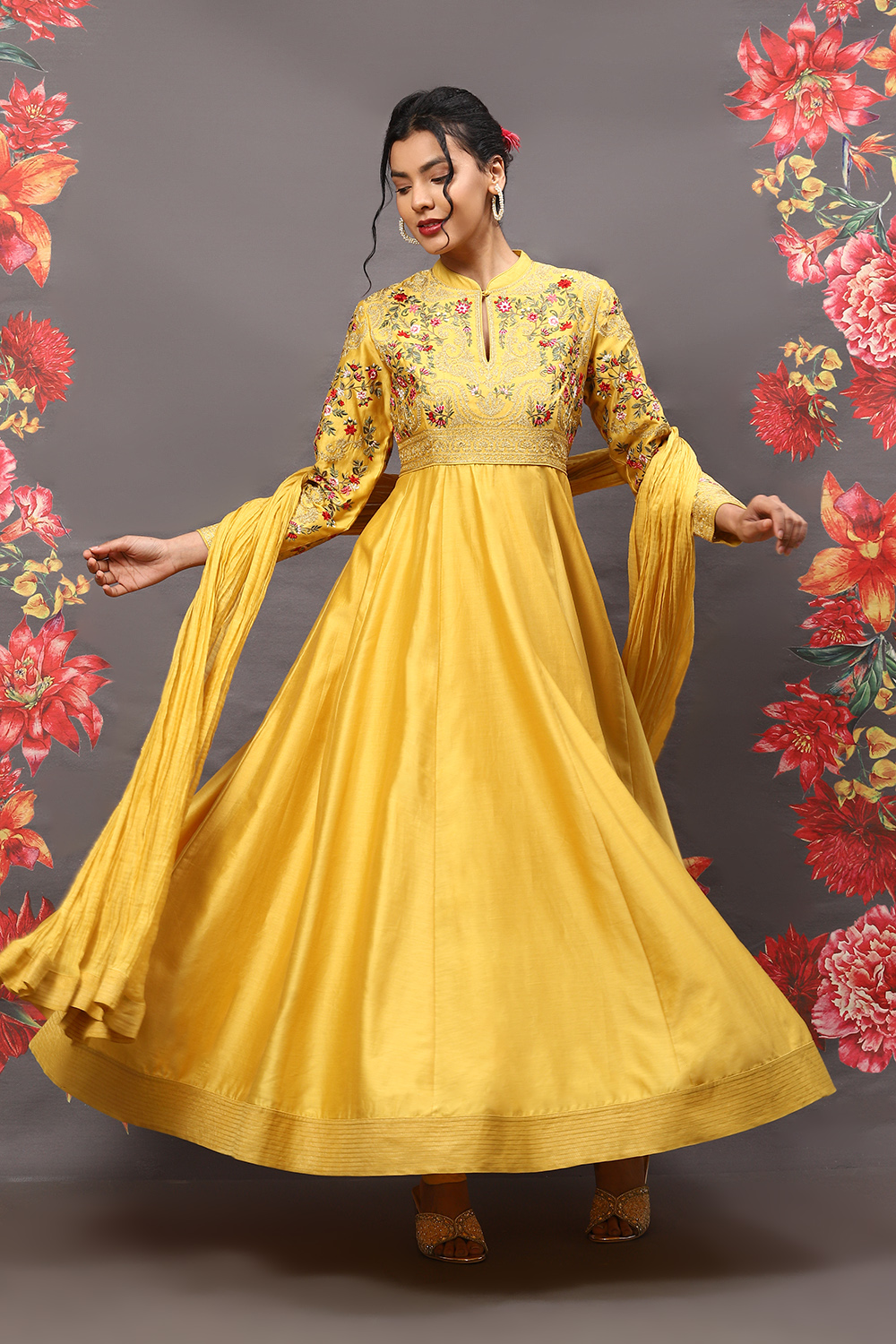 Mustard Cotton Blend Anarkali Kurta Suit Set image number 7