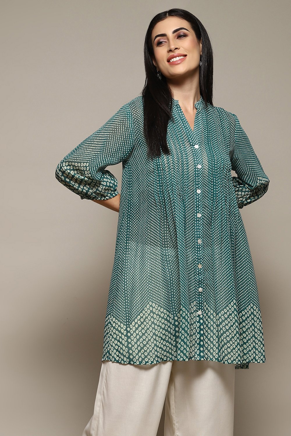 Teal Polyester Straight Printed Top image number 5