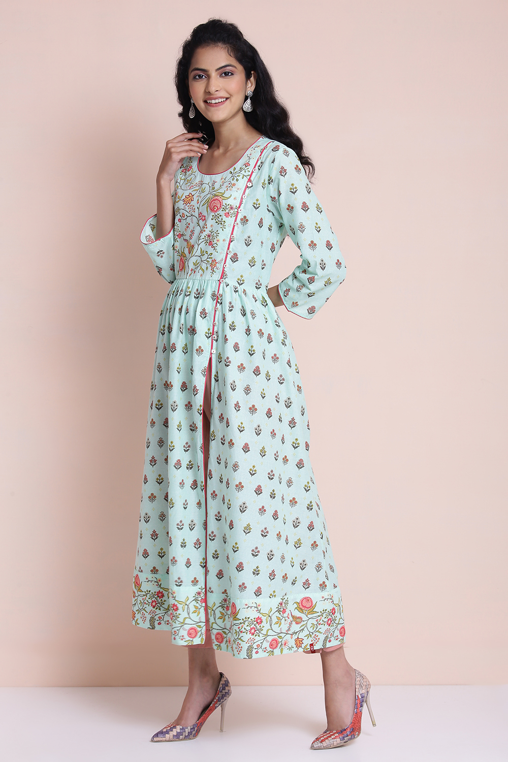 Mint Cotton High Slit Printed Kurta image number 2