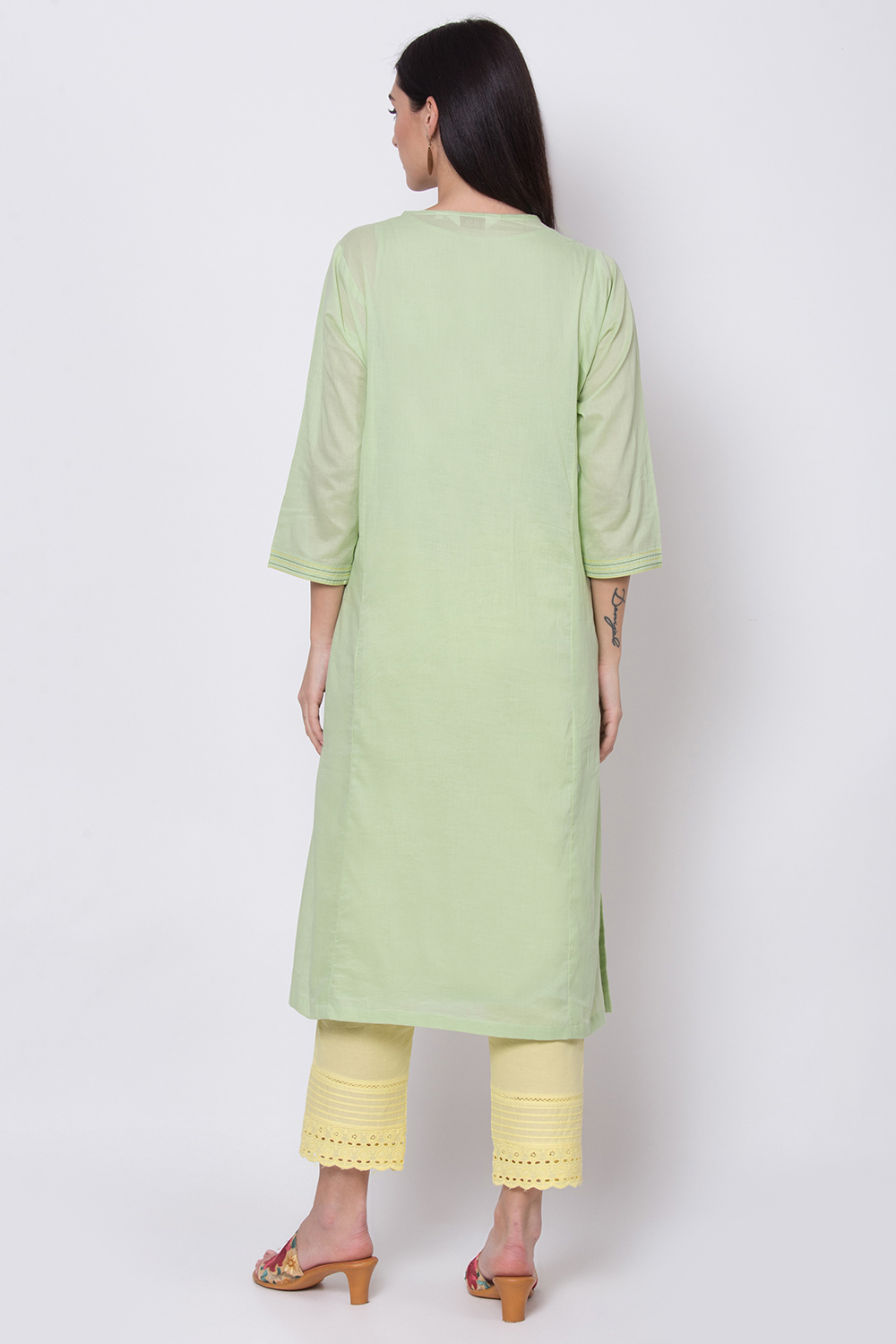 Sap Green Cotton Straight Kurta image number 5