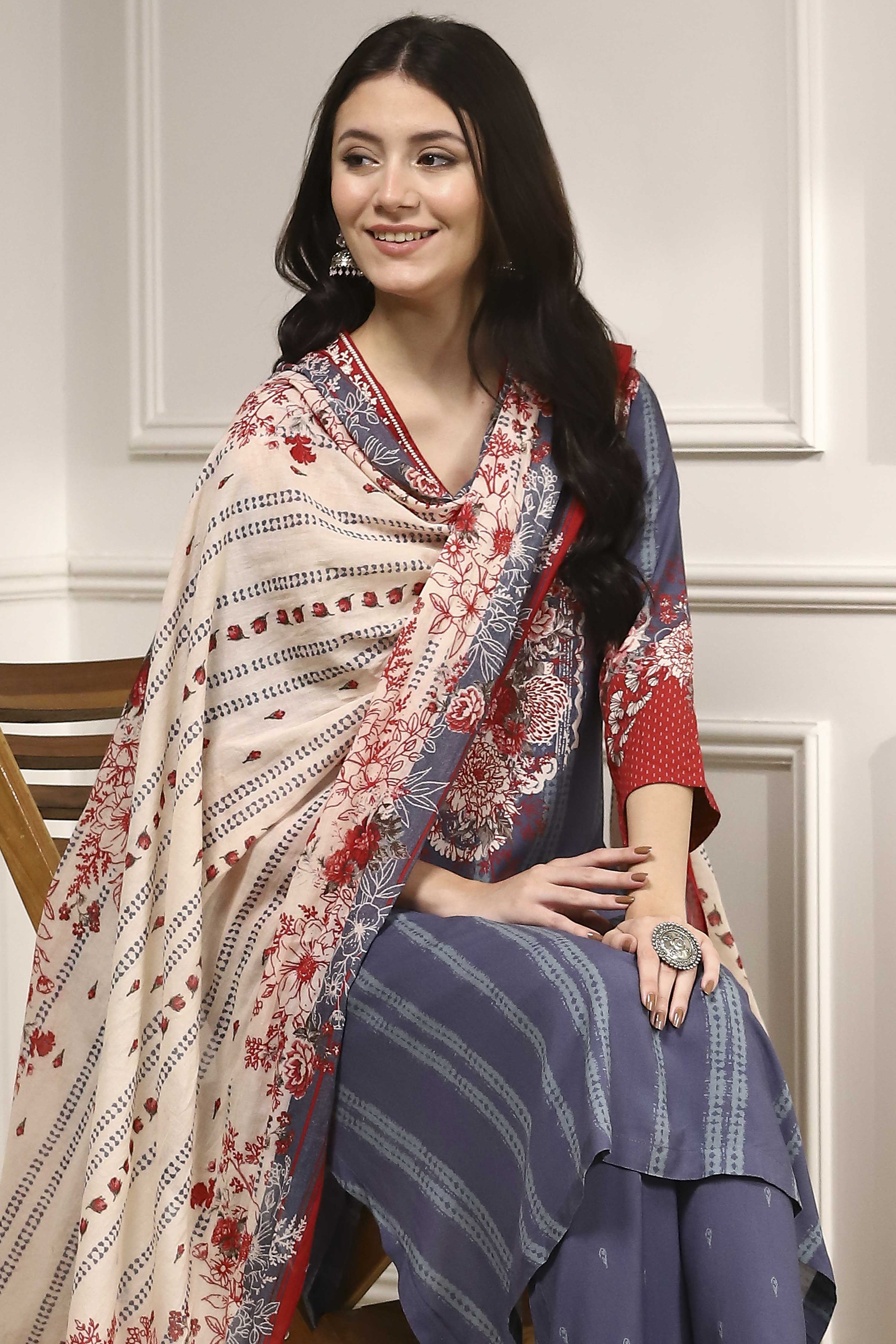 Blue Printed Straight Suit Set image number 0