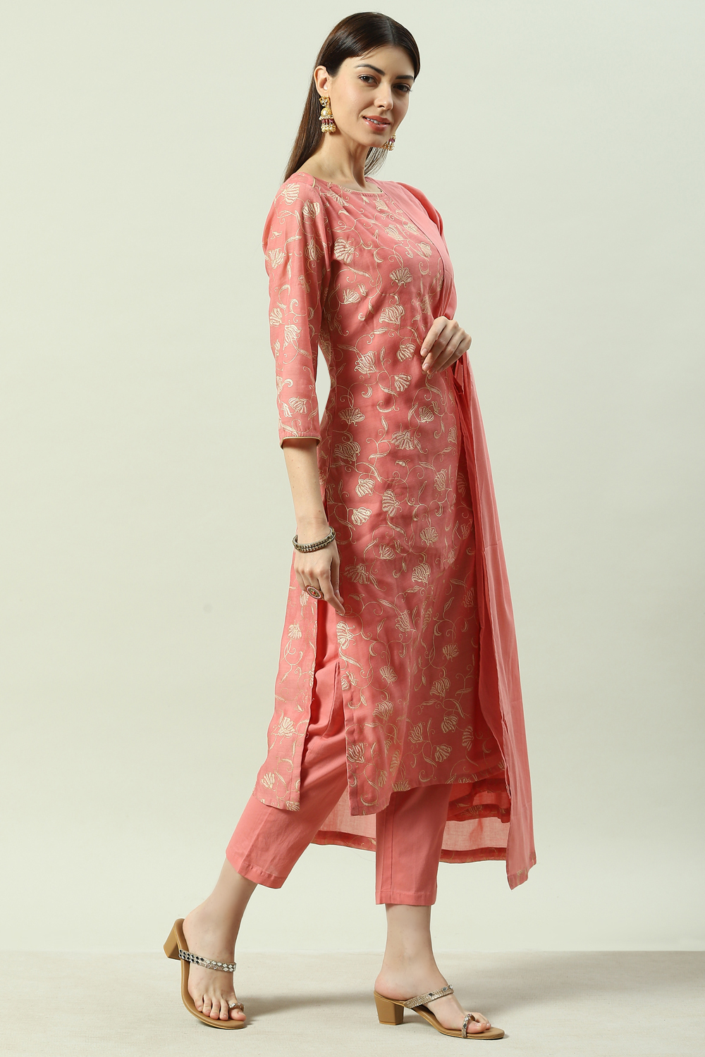 Blush Pink Printed Straight Kurta Regular Pant Suit Set image number 6