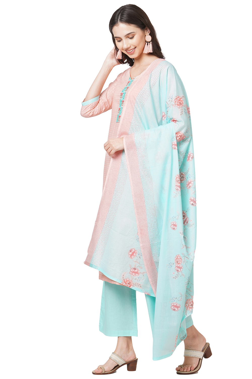 Pink Cotton Screen Print Unstitched Suit Set image number 6