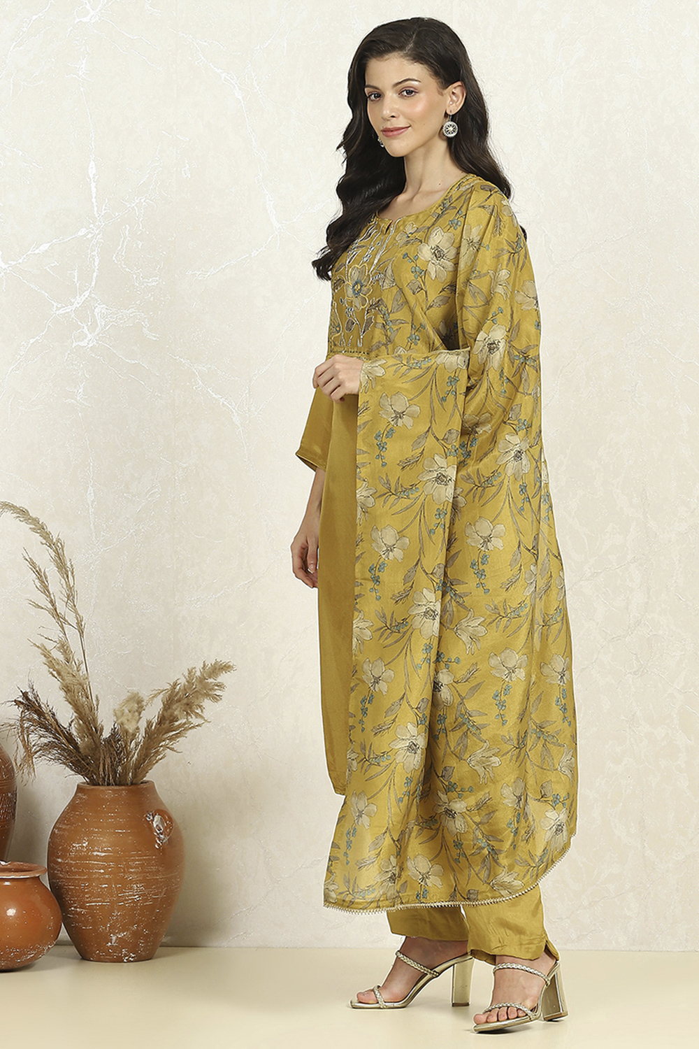 Lime Green Cotton Unstitched Suit Set image number 4