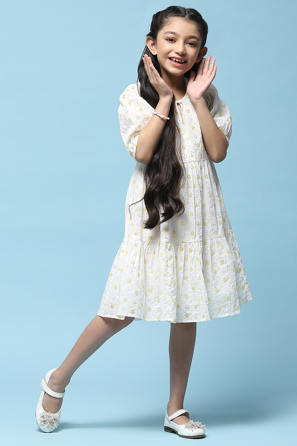 White Tiered Schiffli Cotton Dress image number 4