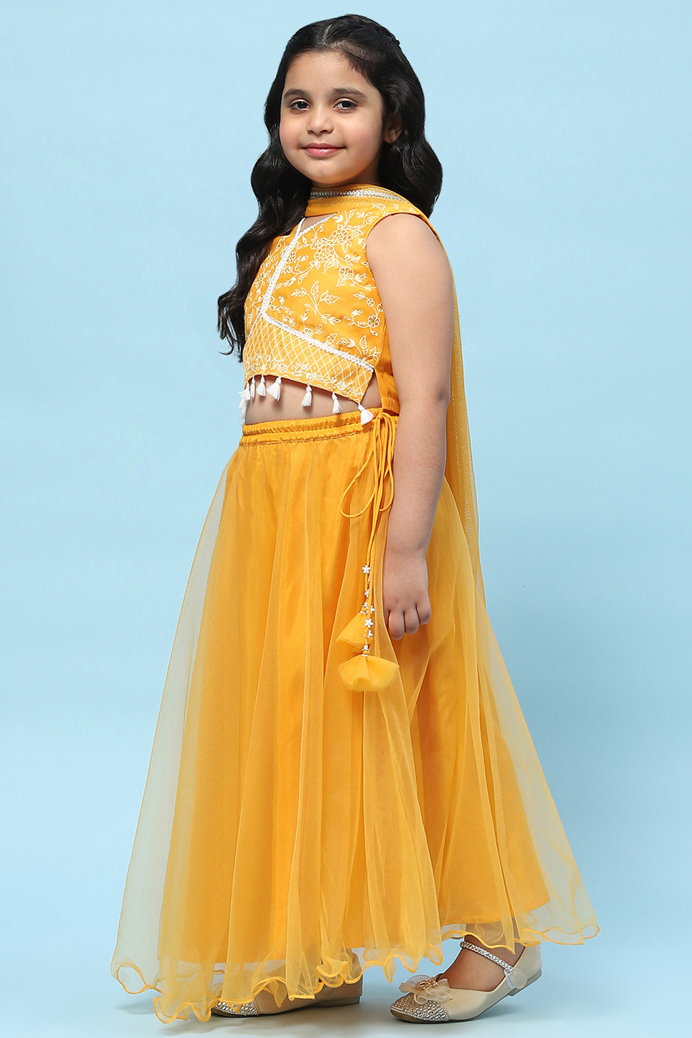 Yellow Poly Chanderi Printed Tasseled Lehenga Set image number 4