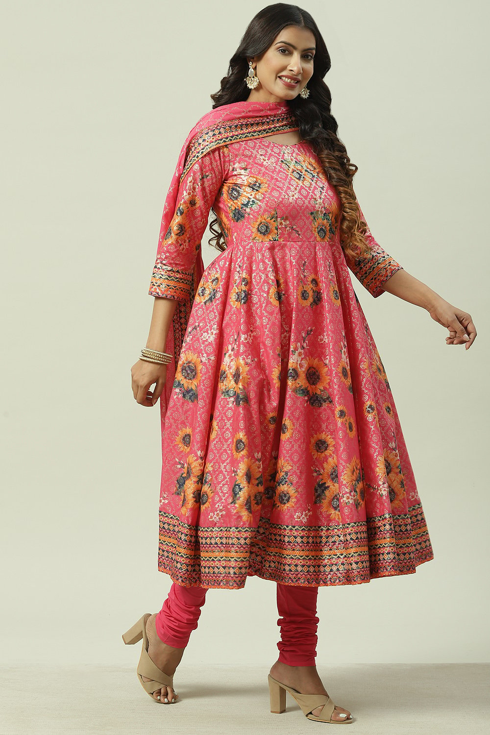 Fuchsia Cotton Anarkali Kurta Churidar Suit Set image number 6