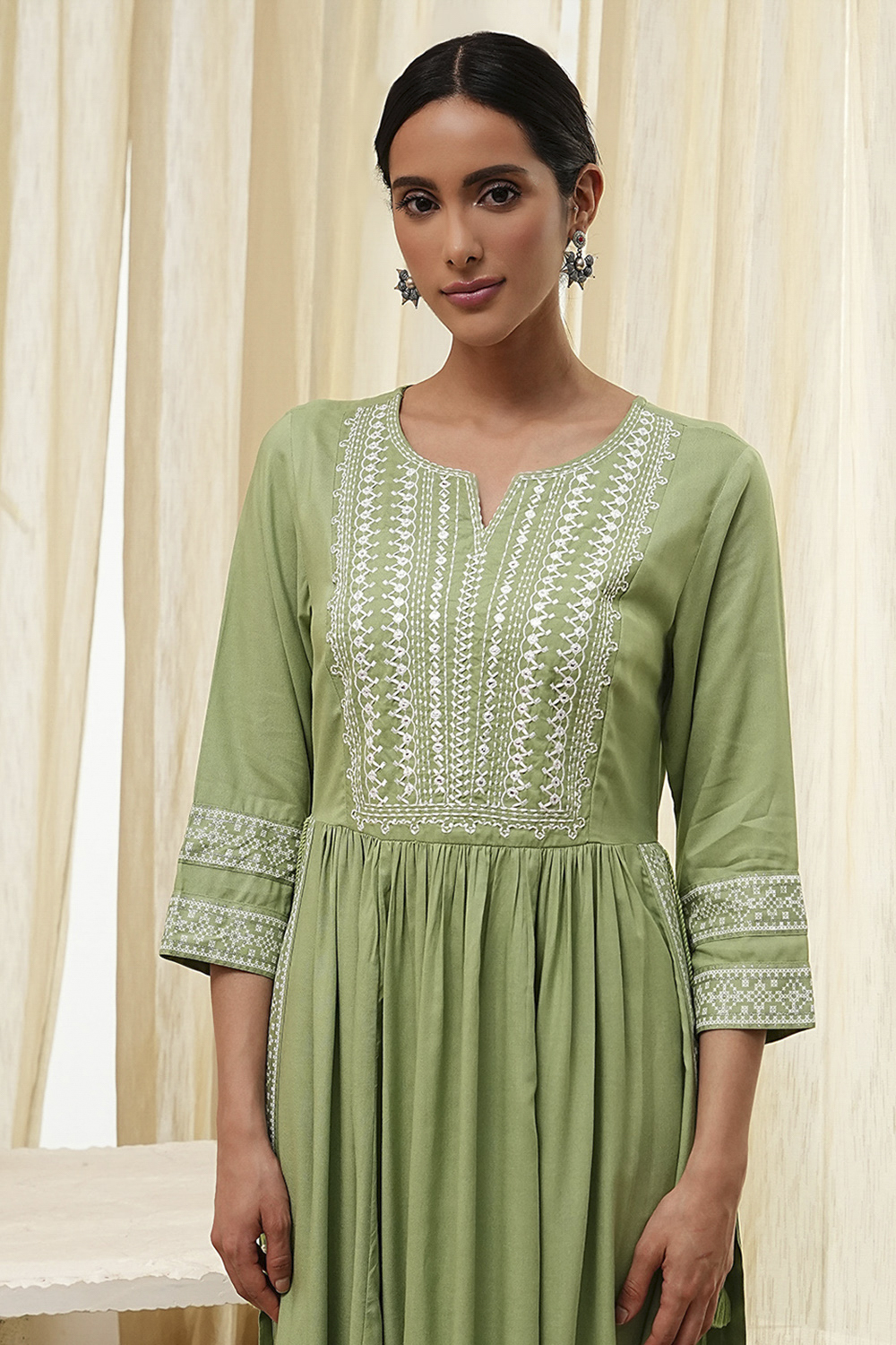 Olive Green Embroidered Gathered Suit Set image number 1