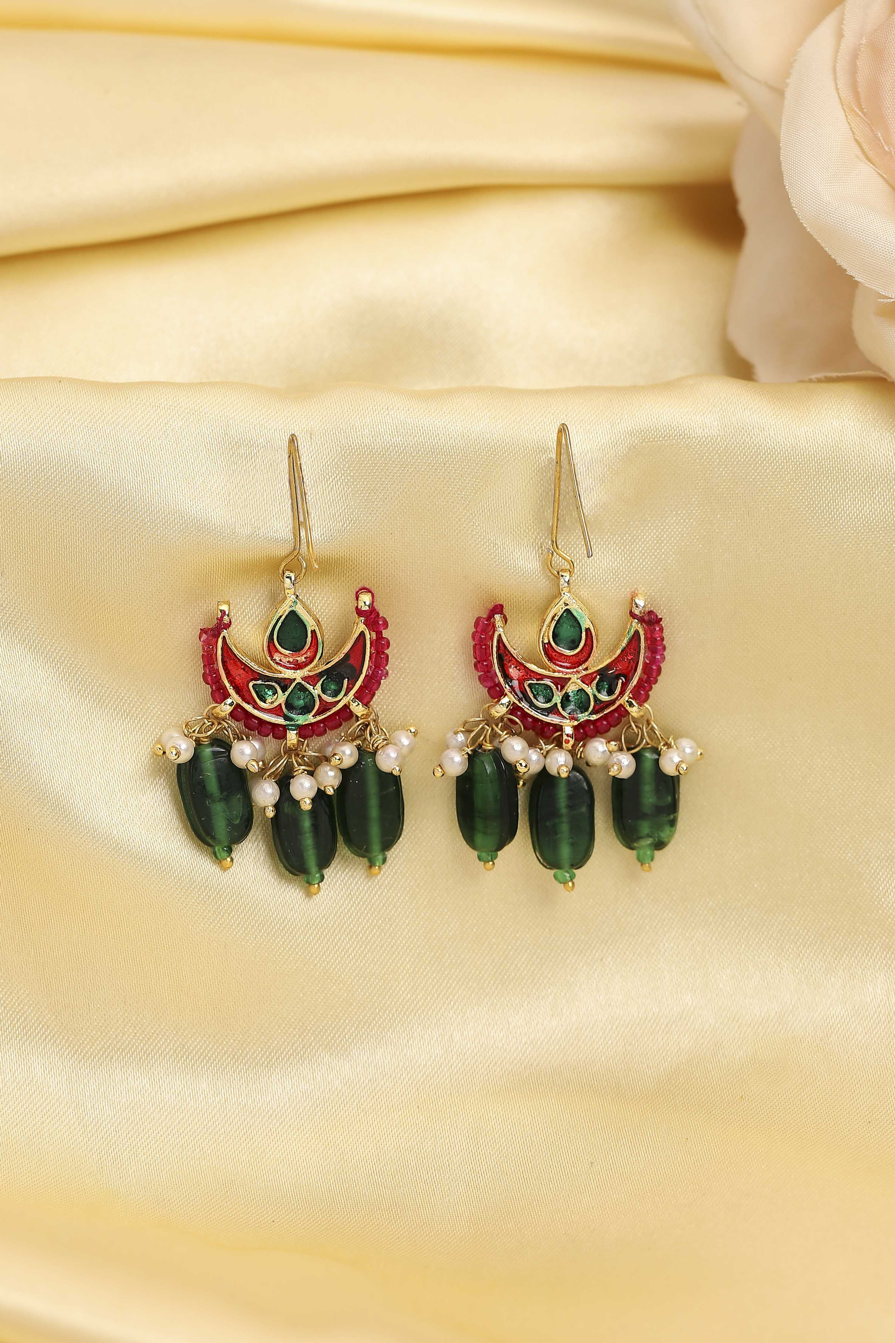 Multicolour Gold Plated Brass Studded Drop Earrings image number 2