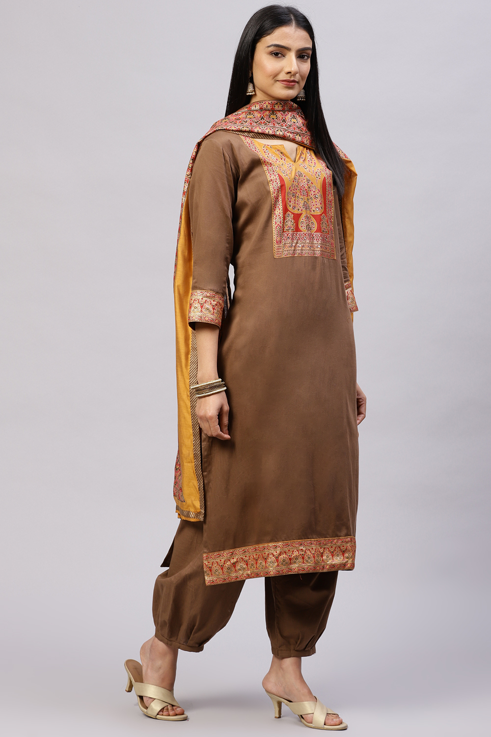 Brown Cotton Blend Digital Print Unstitched Suit Set image number 6