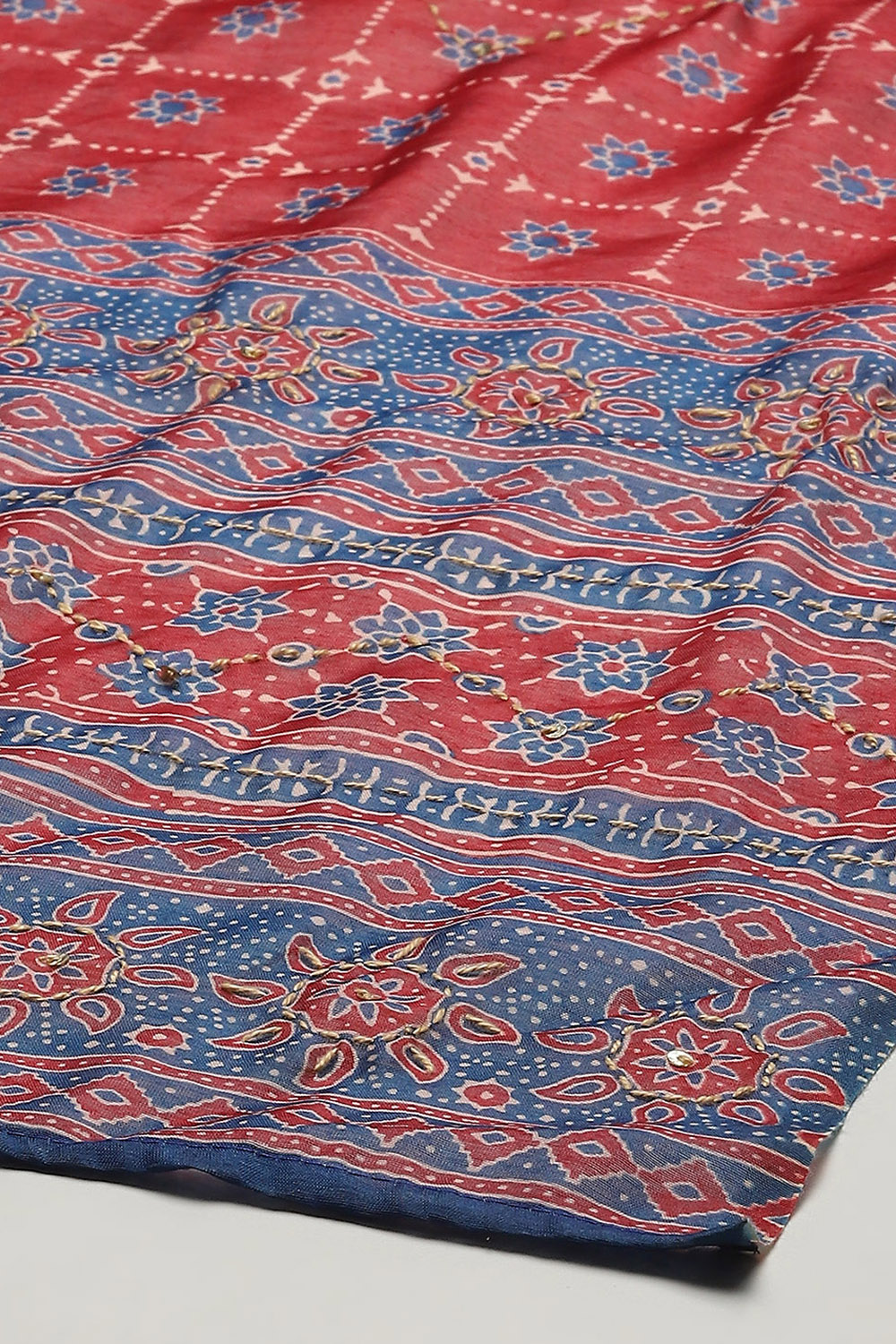 Red Chanderi Unstitched Suit Set image number 4