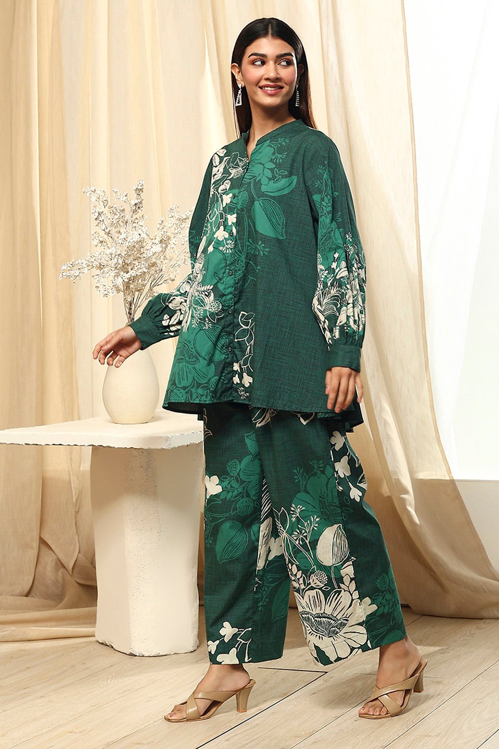Green Cotton Floral Printed Co-ord Set image number 3