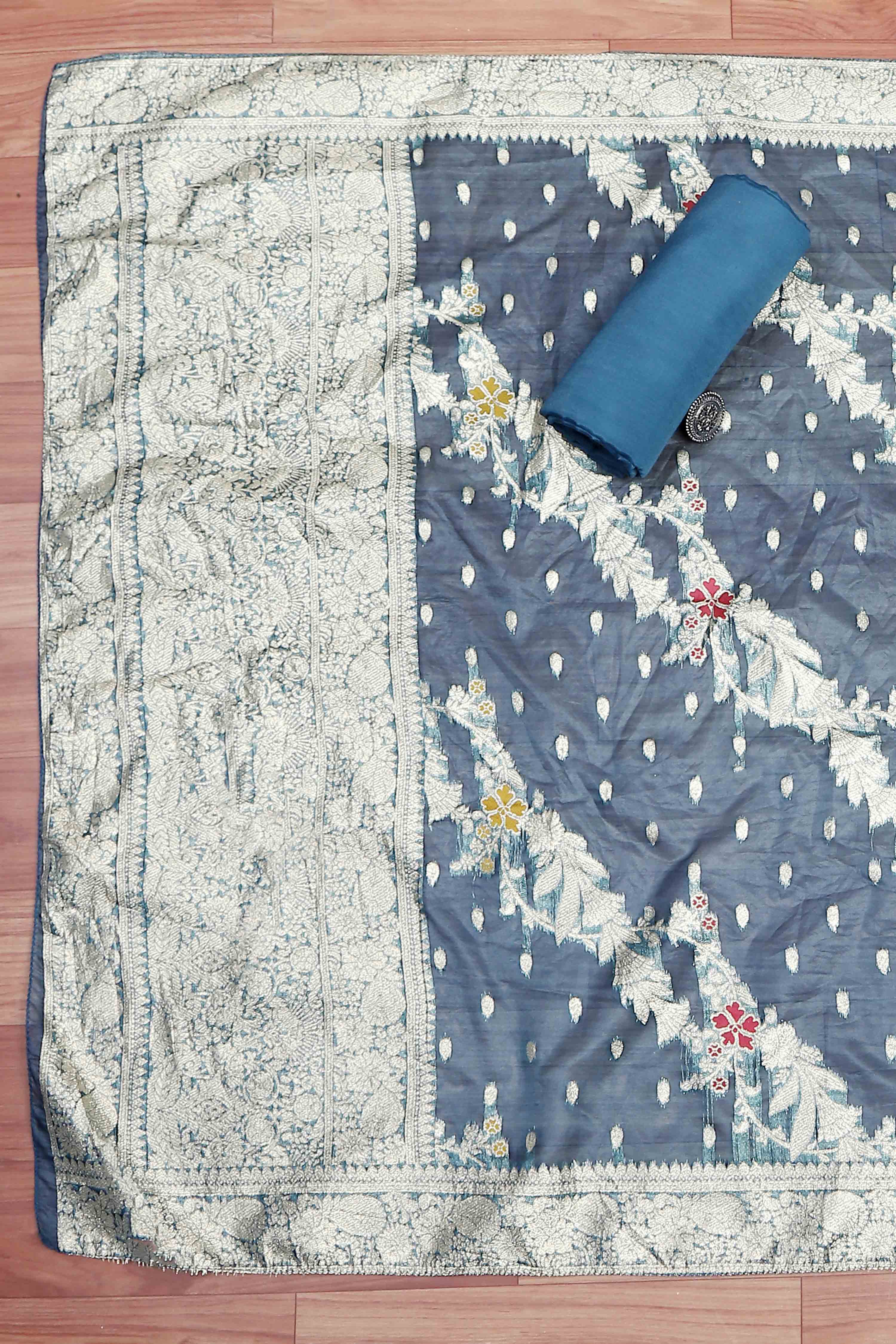 Botle Green Tissue Chanderi Embroidered Unstitched Suit Set image number 3