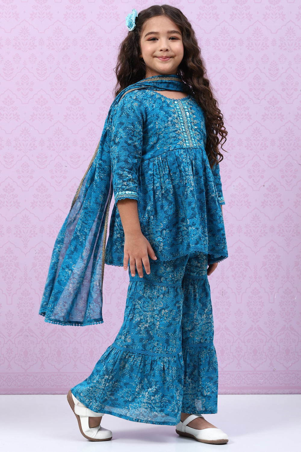 Teal Blue Cotton Flared Kurta Garara Suit Set image number 4