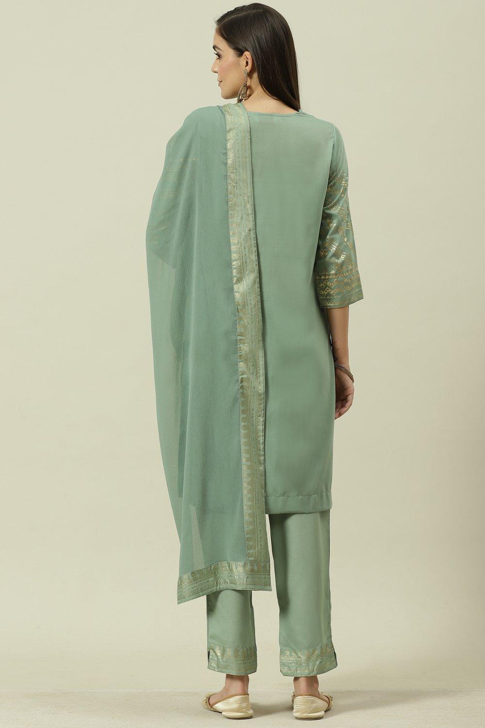 Sage Green Printed Straight Kurta Slim Pants Suit Set image number 4