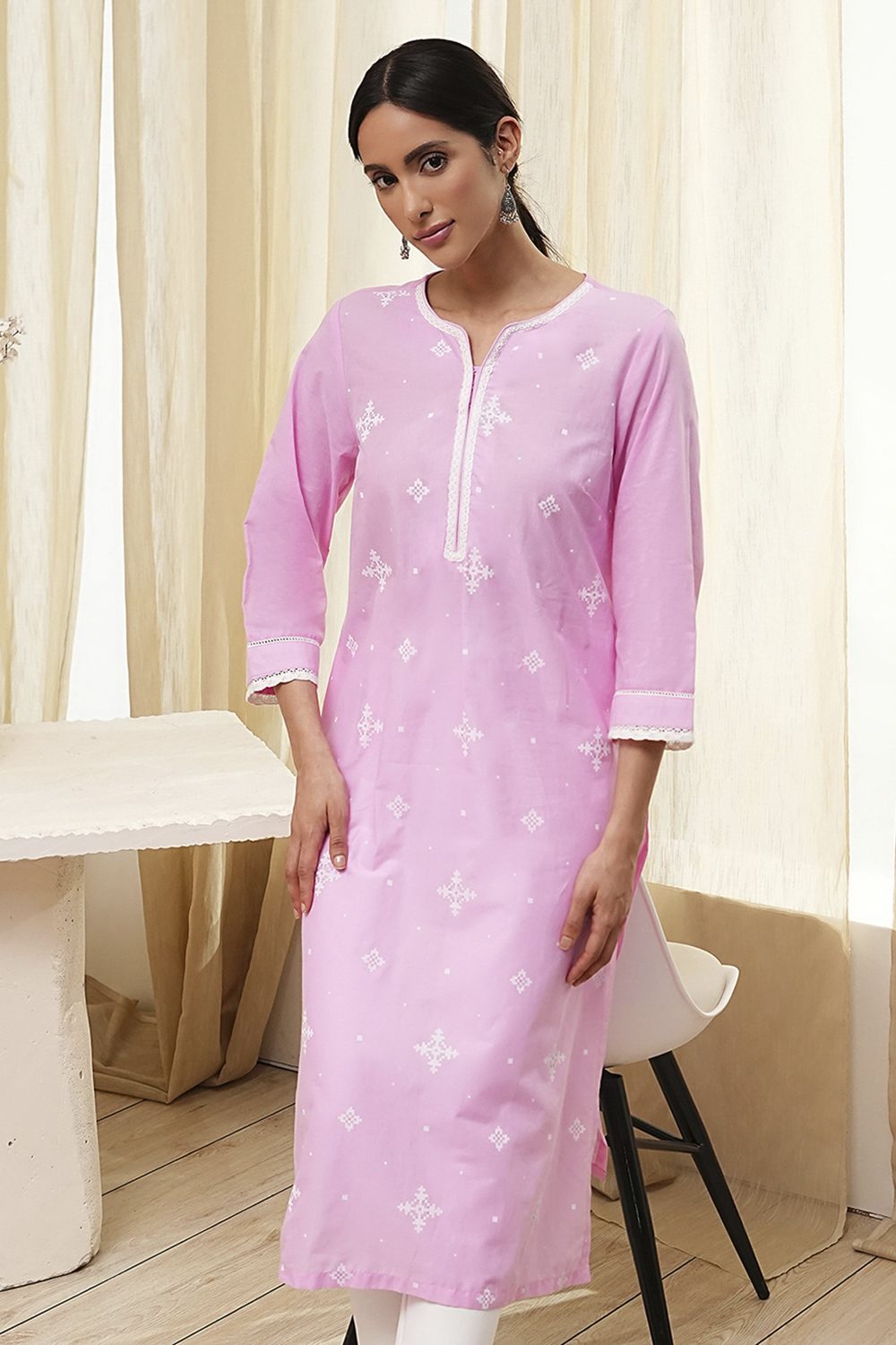 Light Pink Cotton Straight Kurta image number 6
