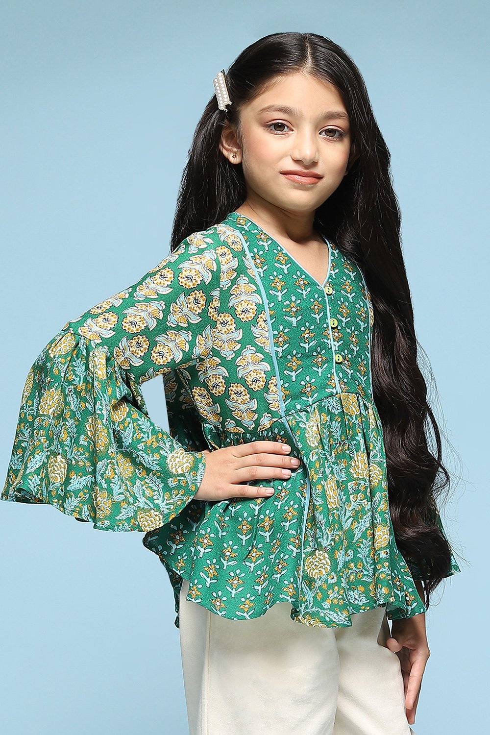 Green Rayon Short Kurta Printed Top image number 3