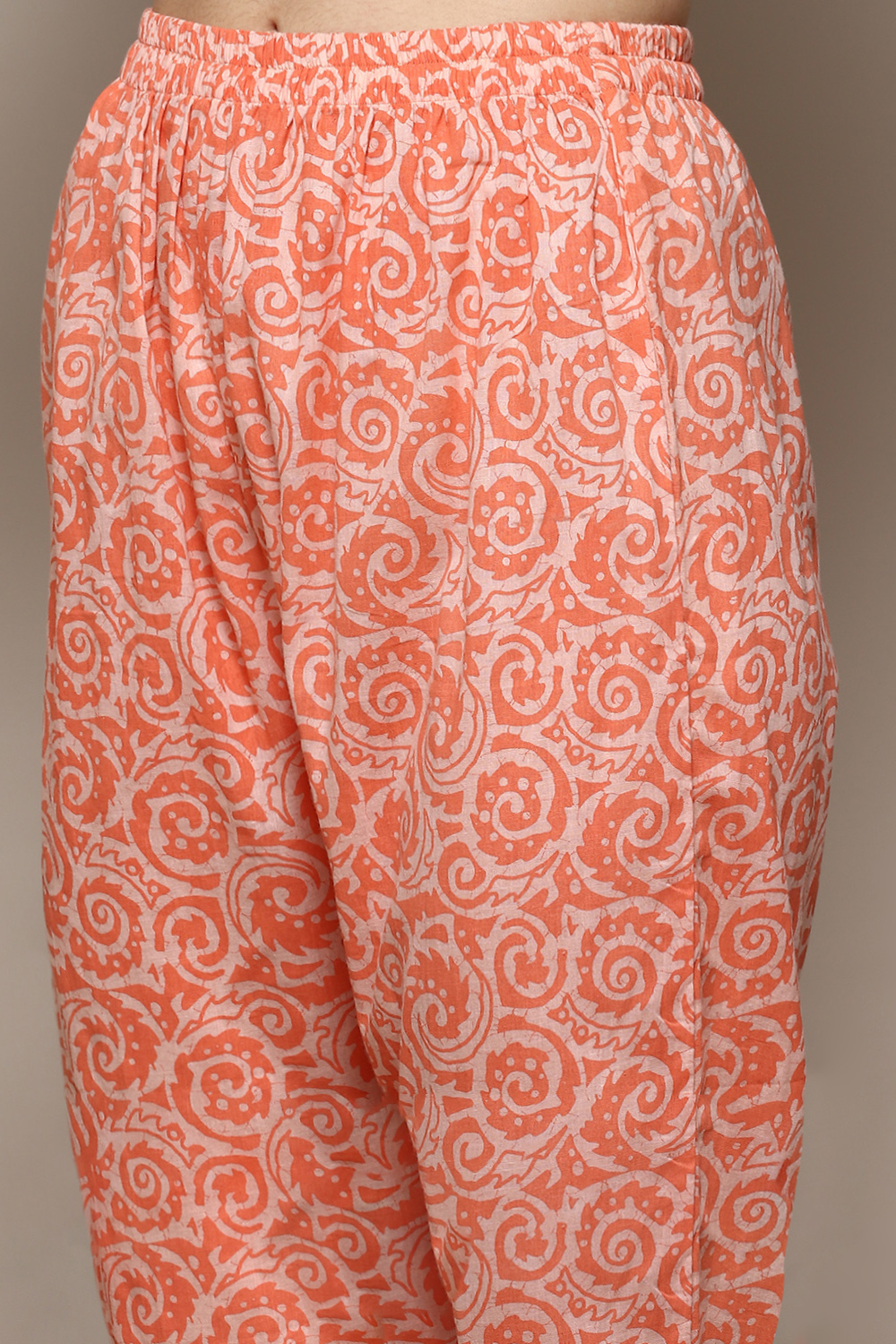 Peach Cotton Hand Block Print Unstitched Suit Set image number 3