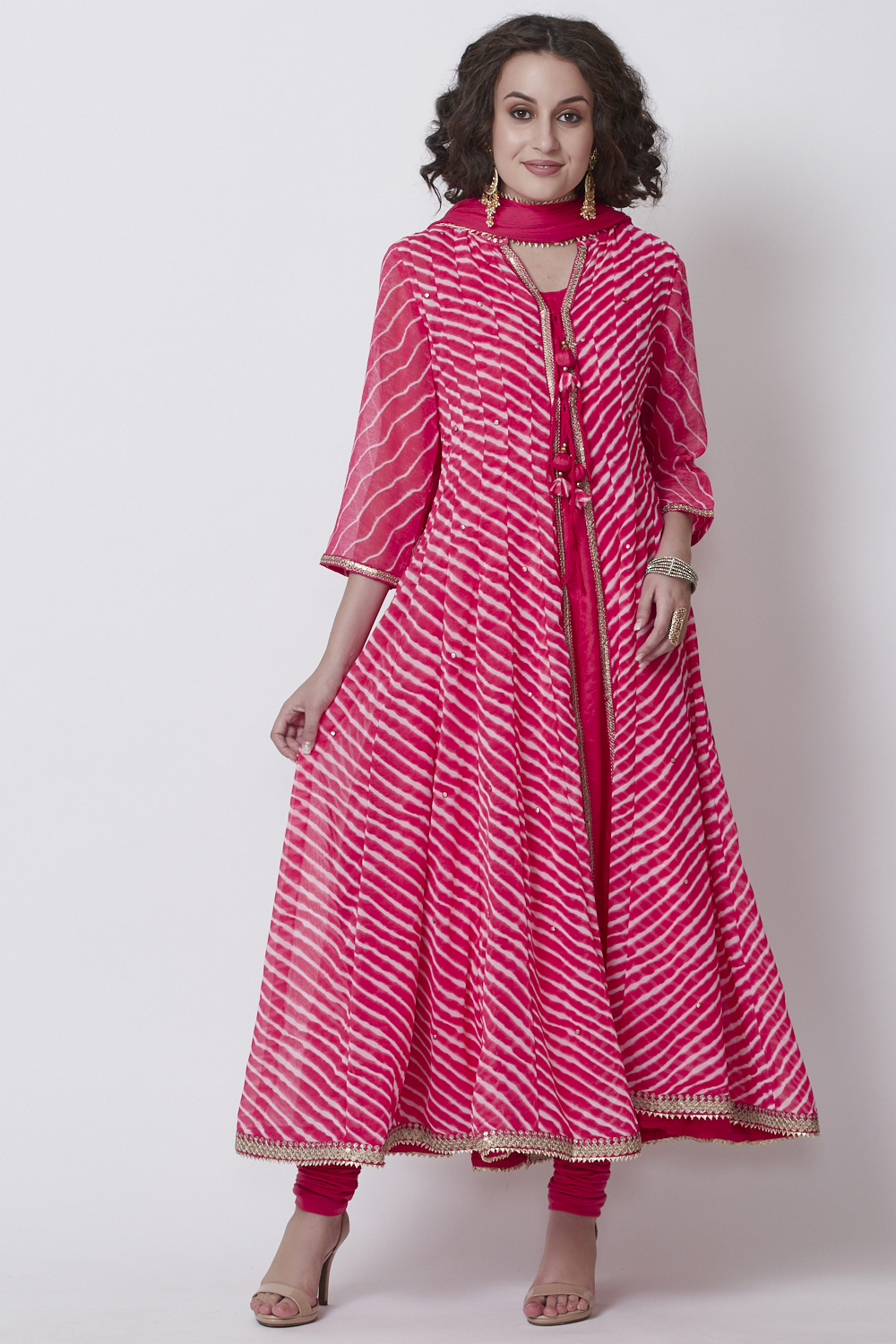 Pink Art Silk Front Open Kurta Churidar Suit Set image number 2