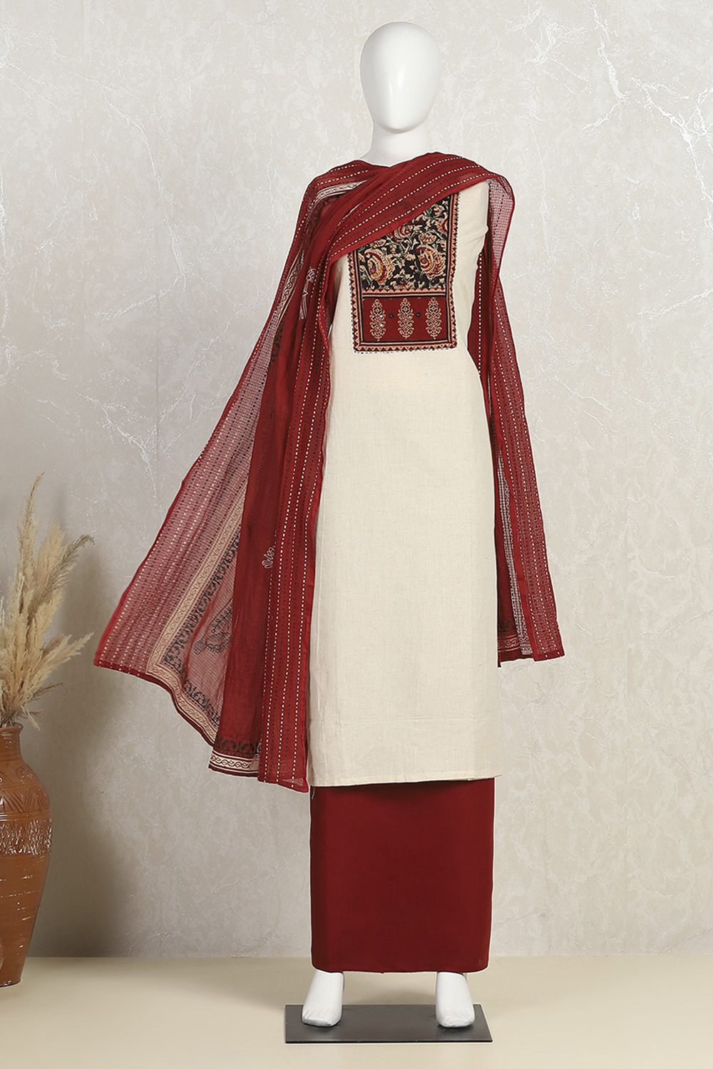Off-White-Red Flex Hand Block Print Unstitched Suit Set image number 4