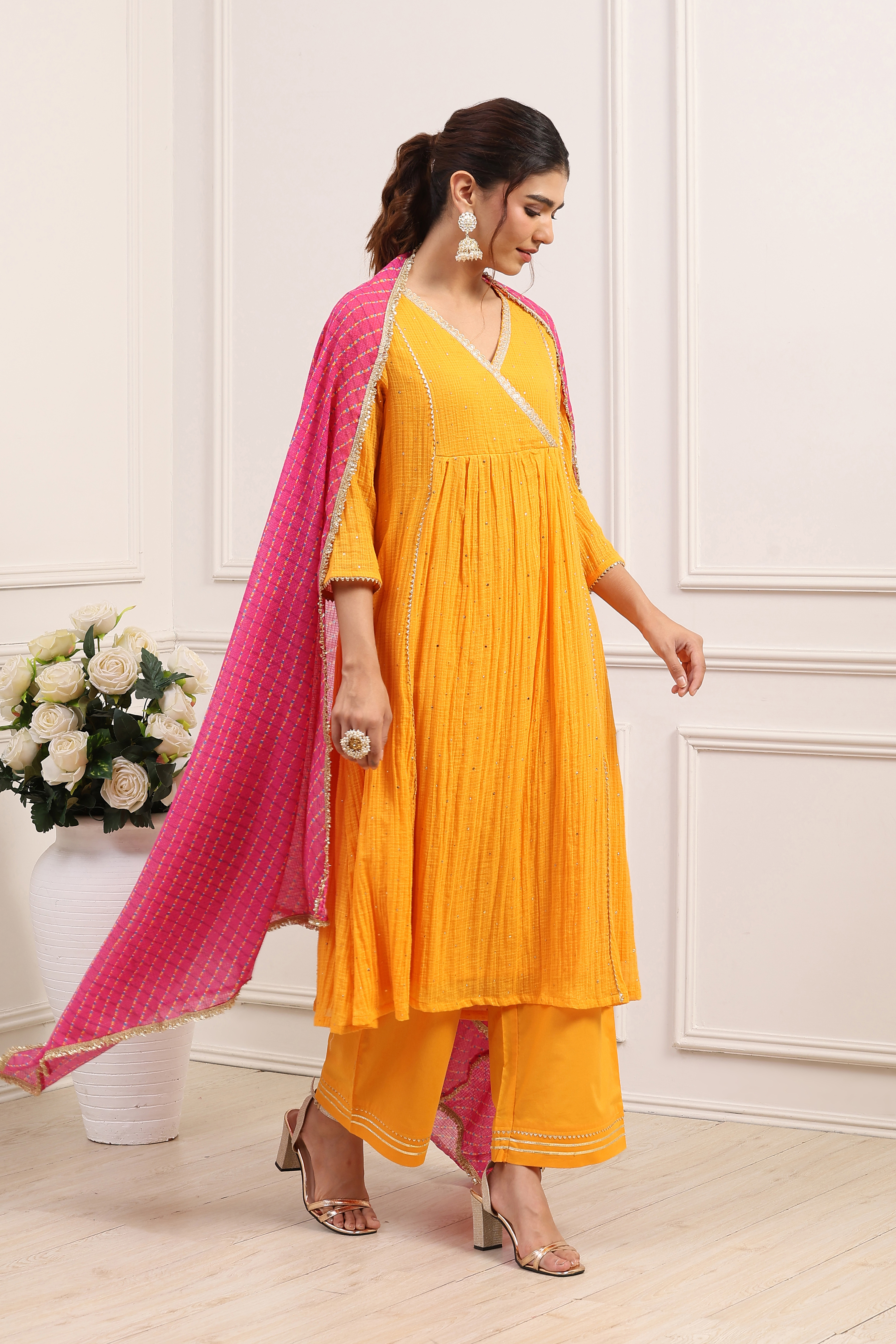 Yellow Cotton Anarkali Suit Set image number 5