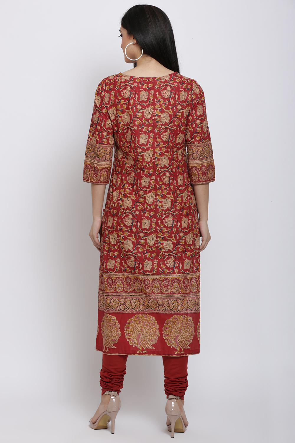 Red Cotton Straight Kurta Churidar Suit Set image number 4