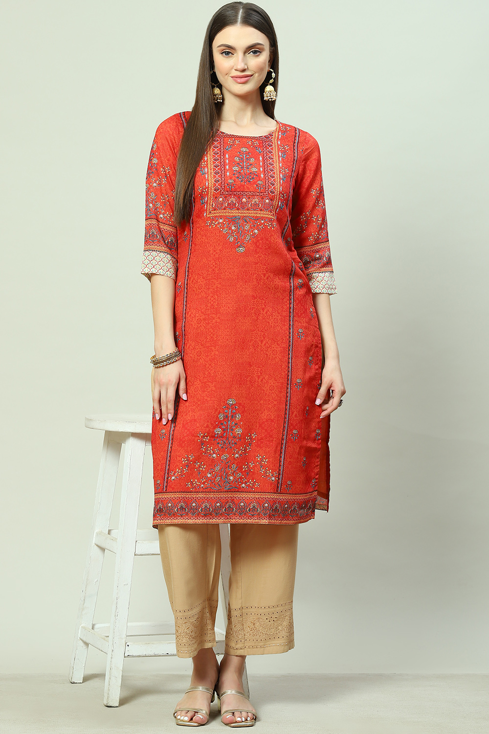 Rust A-Line Cotton Kurta image number 3