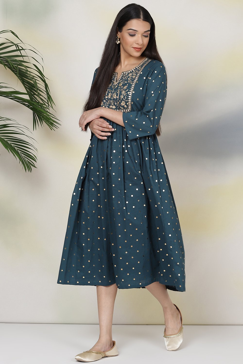 Off White Cotton Fusion Dress image number 2