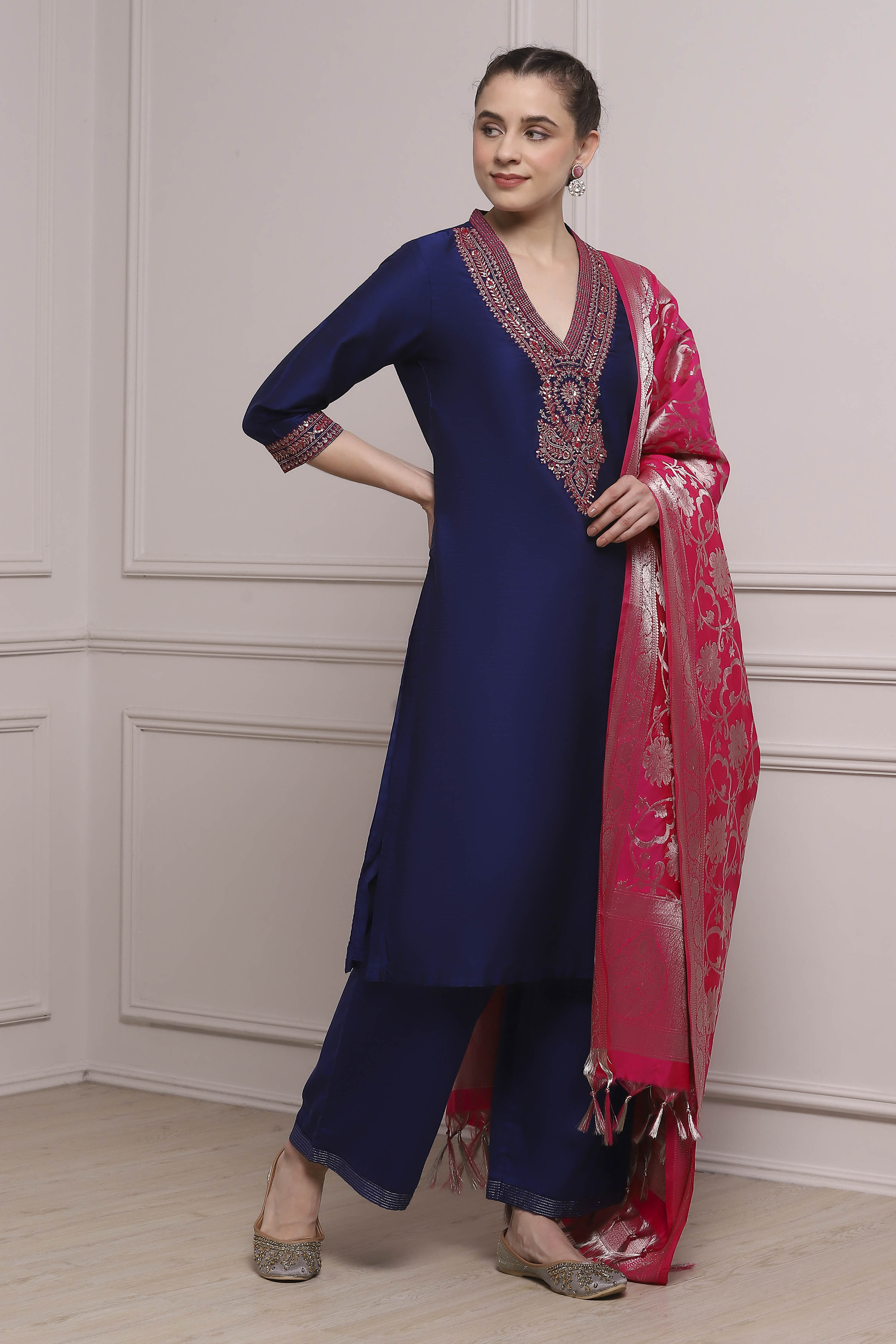 Blue and Pink Solid Straight Suit Set image number 5