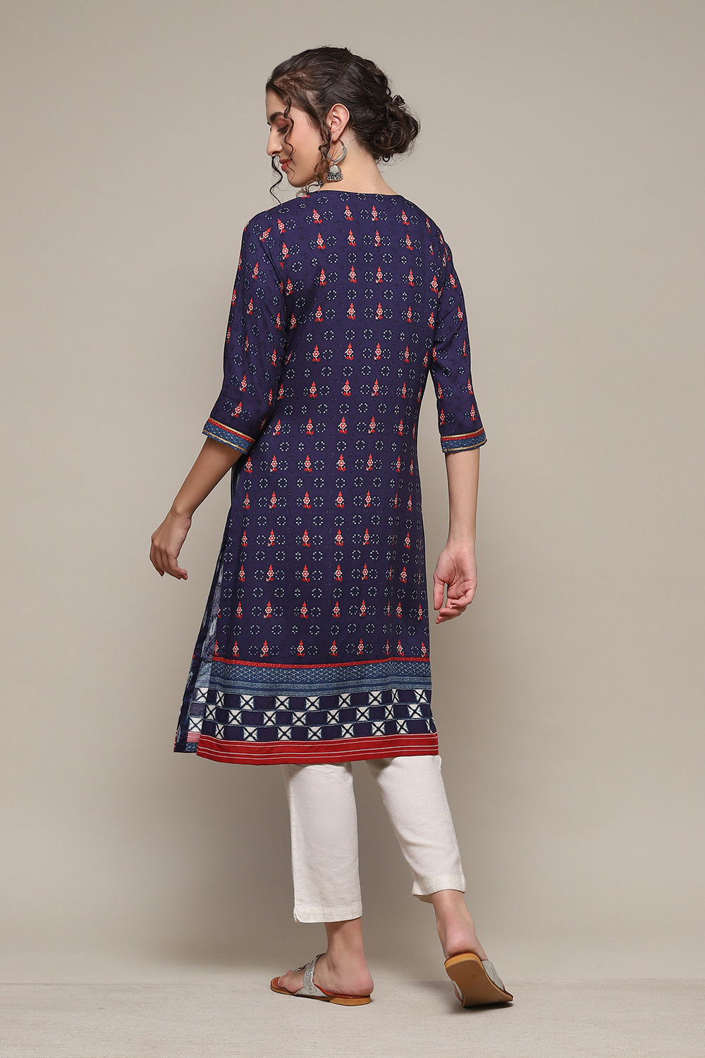 Navy LIVA Straight Printed Kurta image number 4