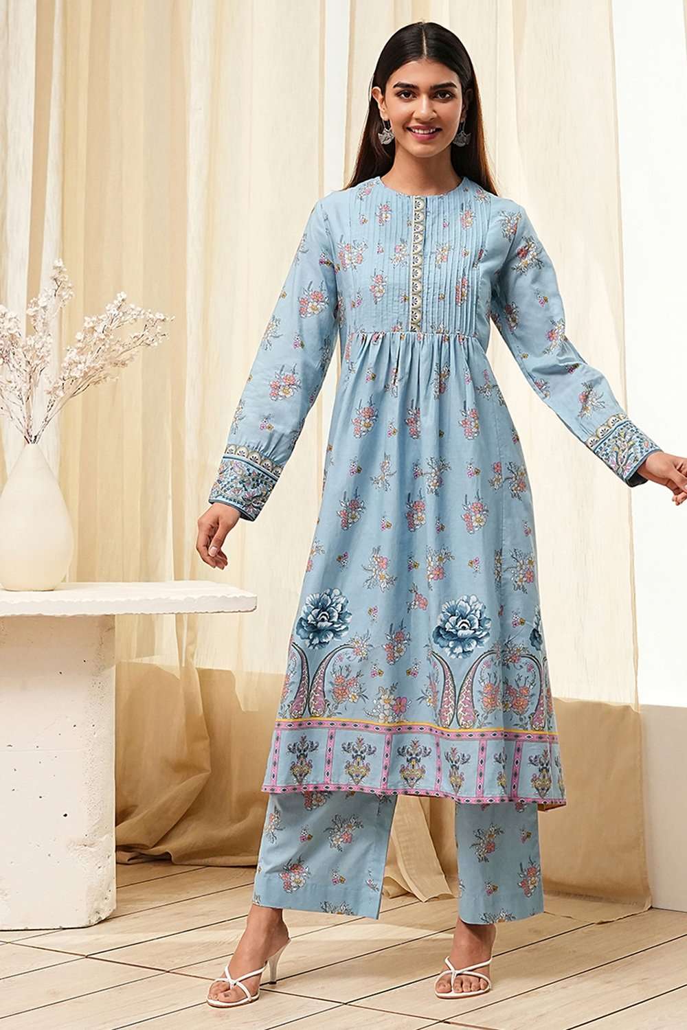 Dull Blue Cotton Flared Printed Kurta Set image number 6