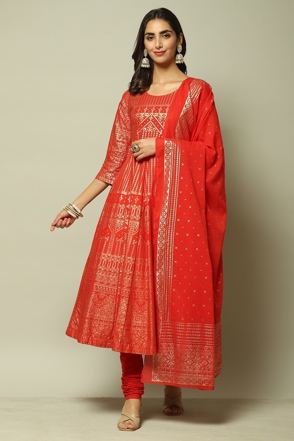 Teal Cotton Anarkali Kurta Churidar Suit Set image number 6