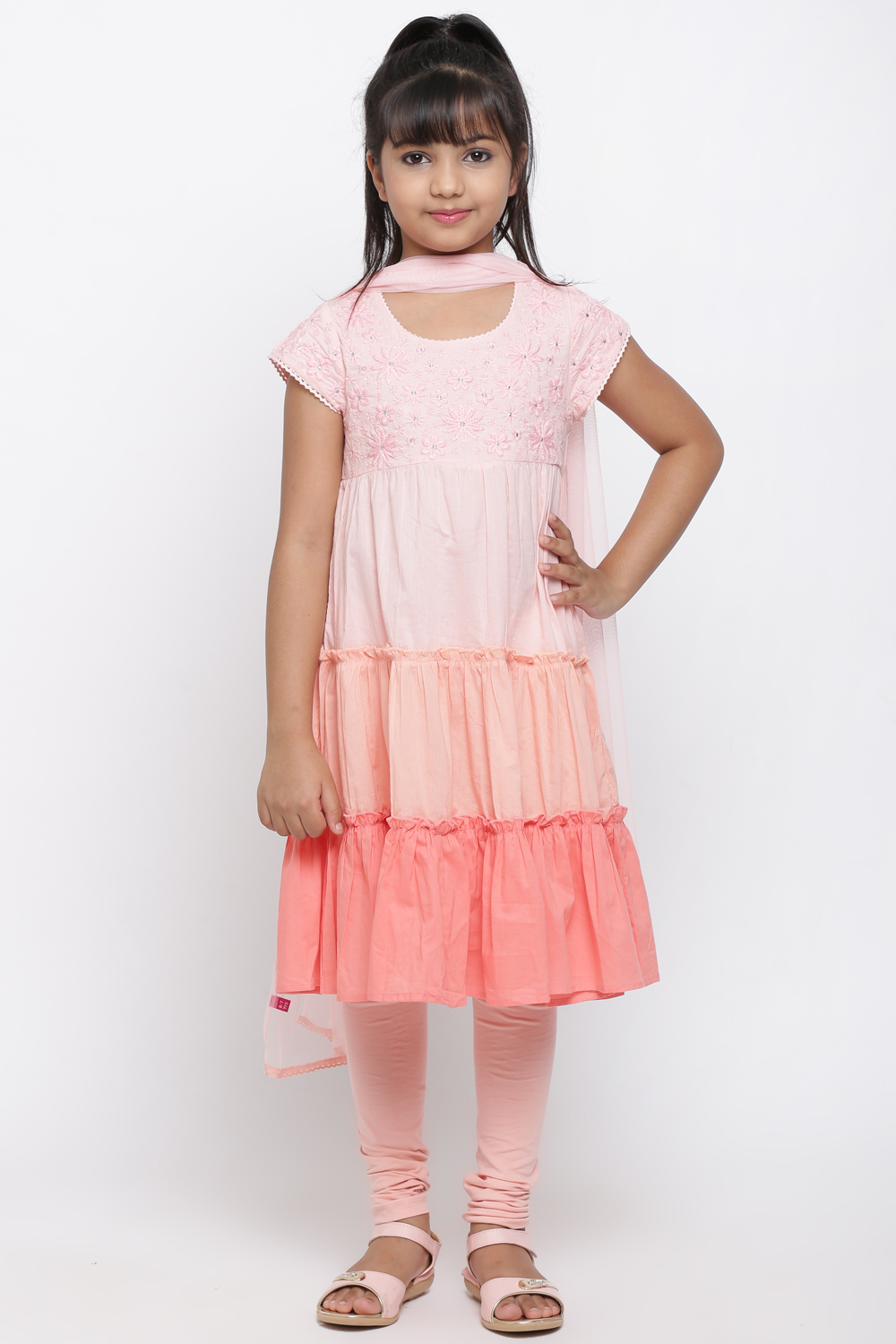 Peach Cotton Chikankari Kurta Churidar Suit Set image number 0