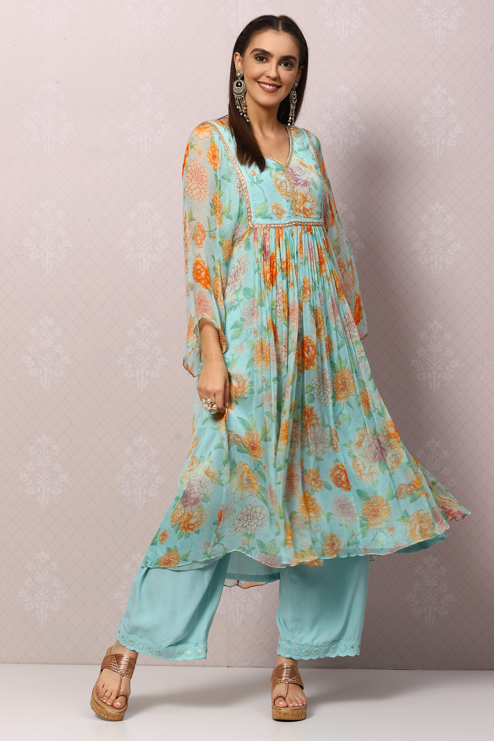 Peach Viscose Flared Kurta Palazzo Suit Set image number 7