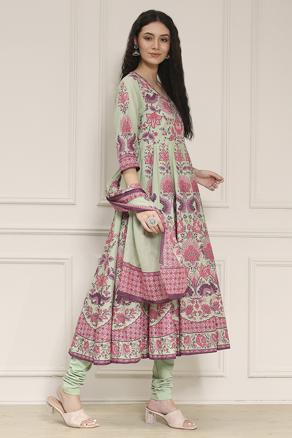 Light Pink Cotton Printed Anarkali Suit Set image number 5