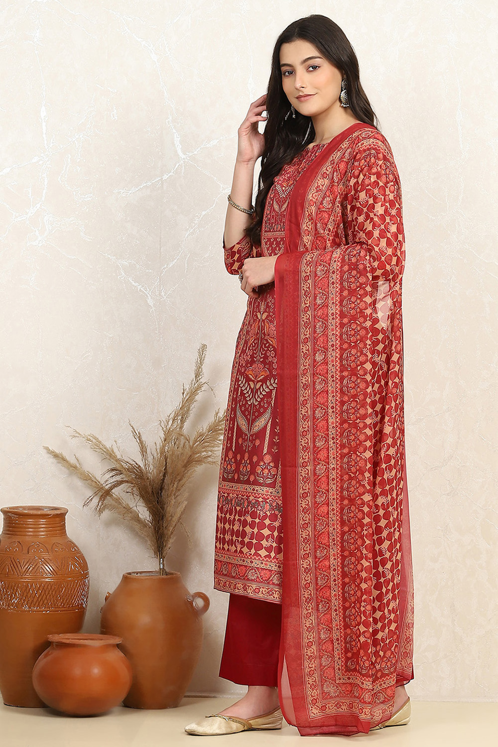 Pink Cotton Digital Print Unstitched Suit Set image number 4