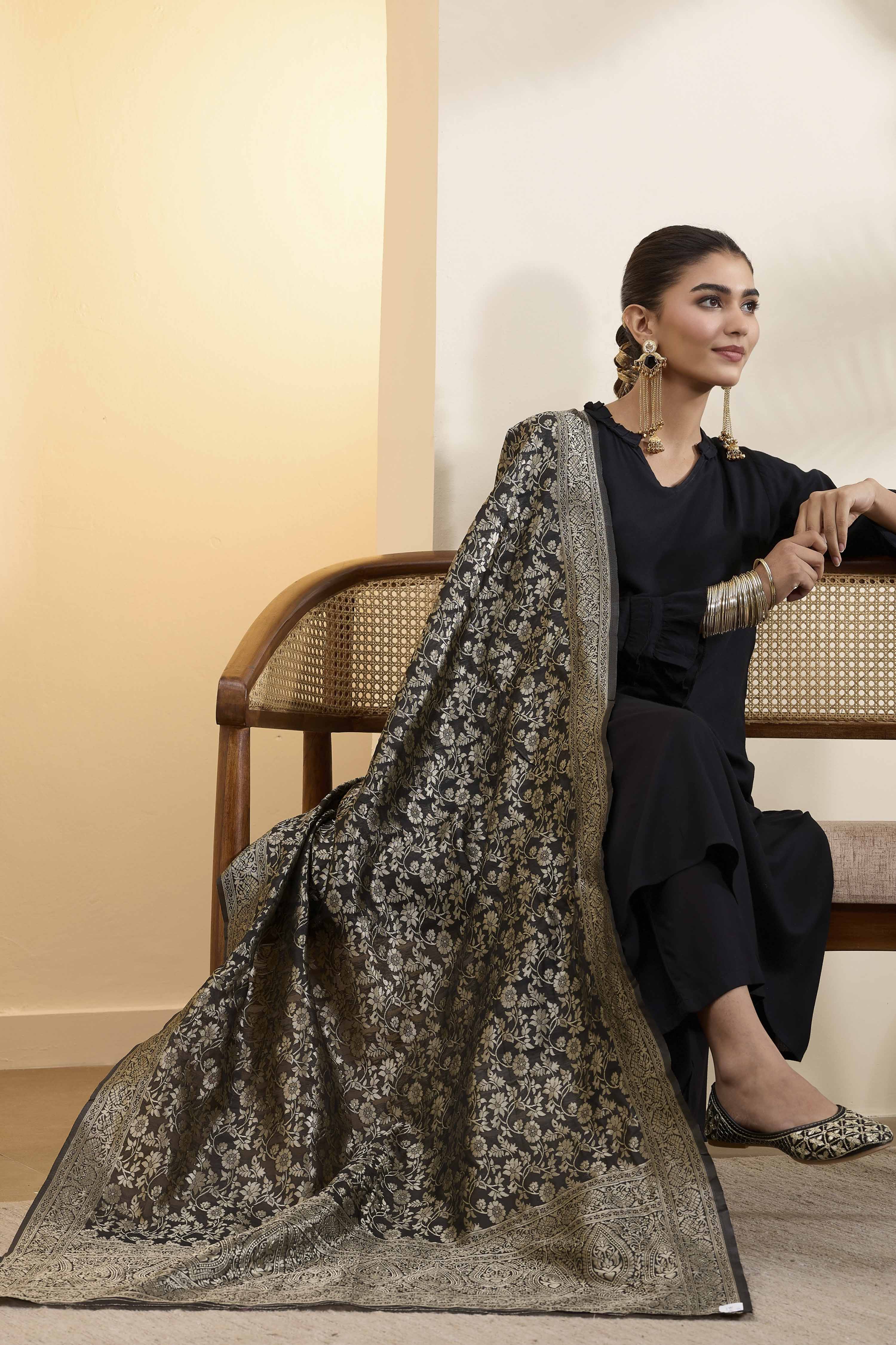 Green Black Poly Floral Banarasi Dupatta image number 0