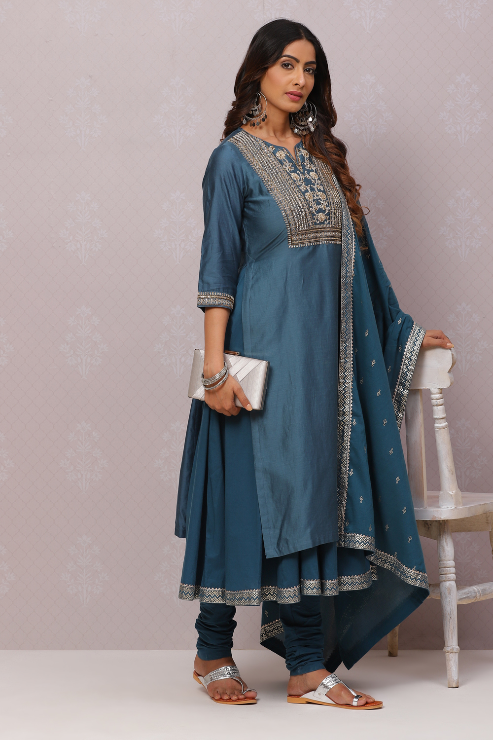 Teal Cotton Silk Flared Kurta Churidar Suit Set image number 0