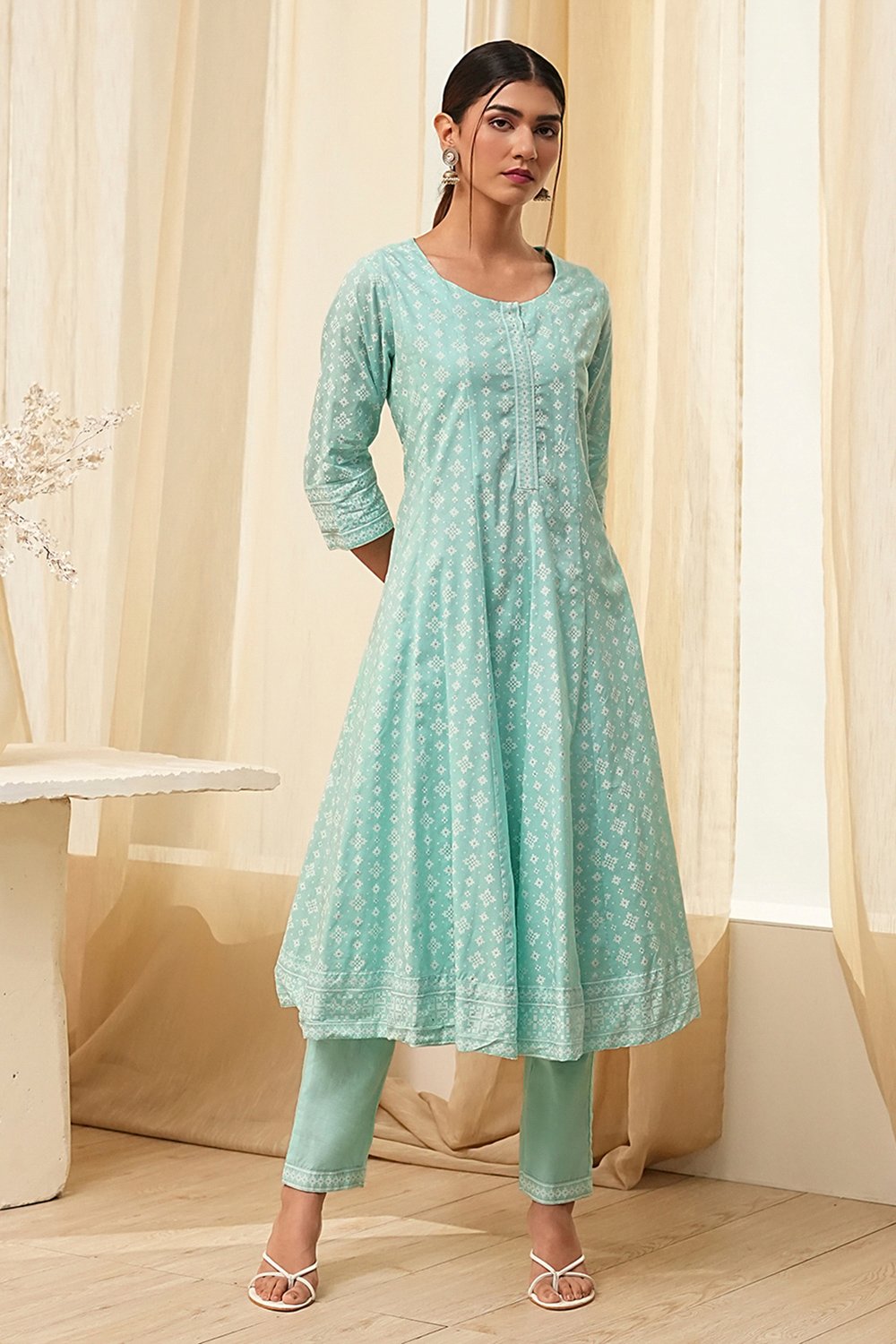 Aqua Pure Cotton Printed Kalidar Suit Set image number 6