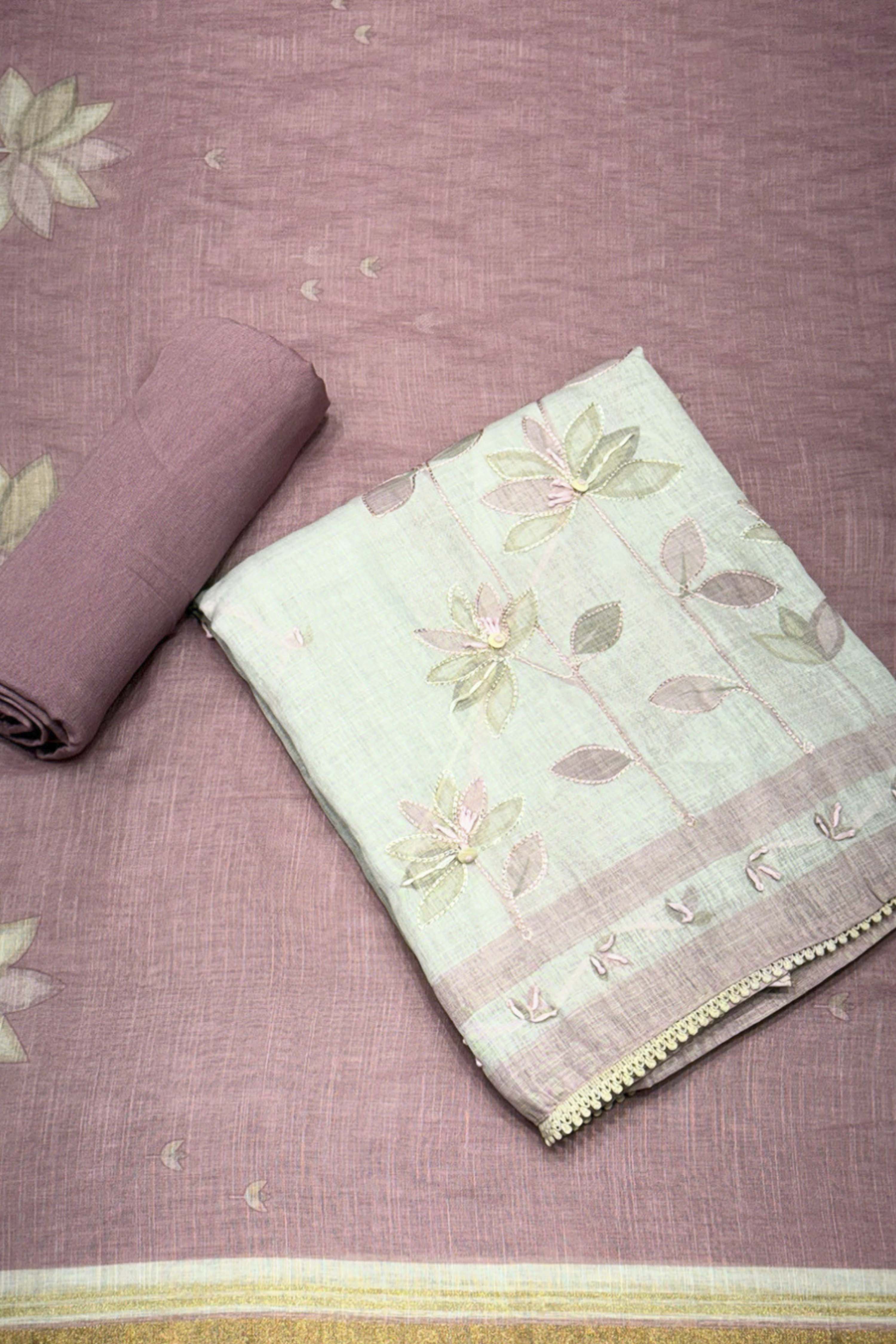 Peach Linen Printed Unstitched Suit Set image number 0