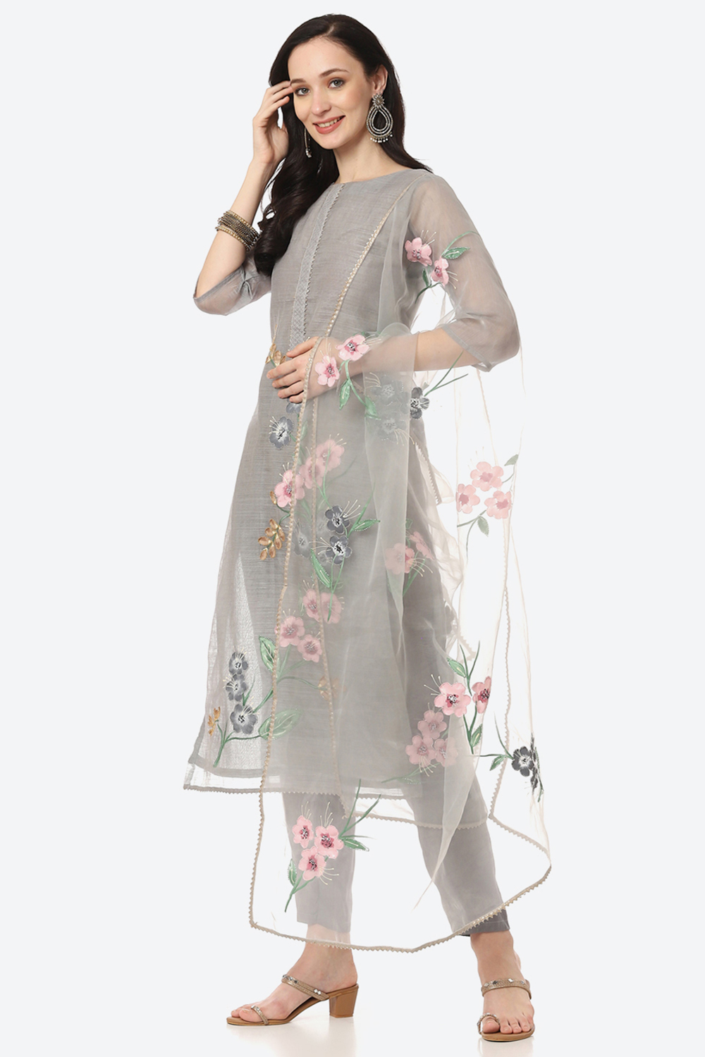 Grey Upada Silk Easy Stitch Suit Set image number 0