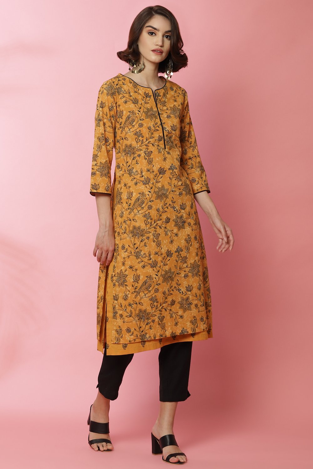 Ochre Cotton Straight Printed Kurta image number 2